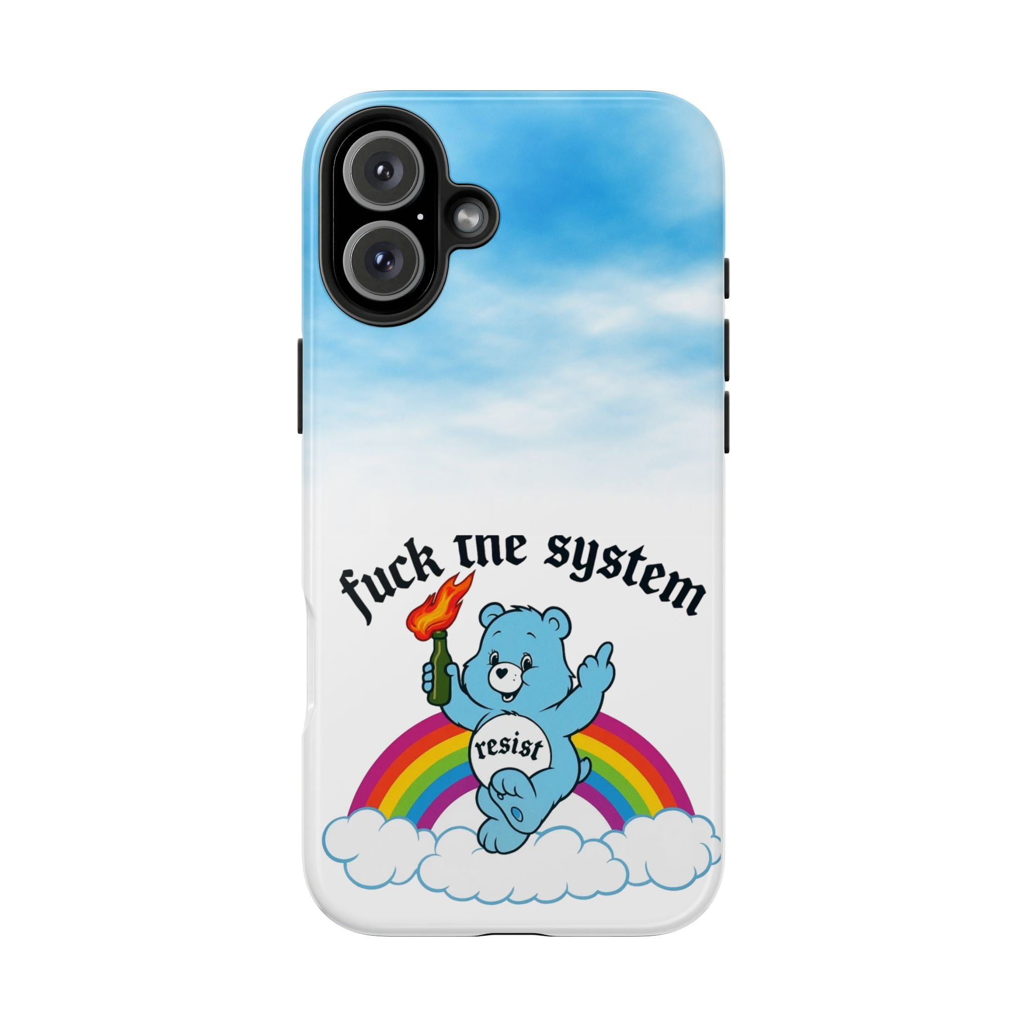 Rebel Bear Tough Phone Case — “Fuck the System” Rainbow Design