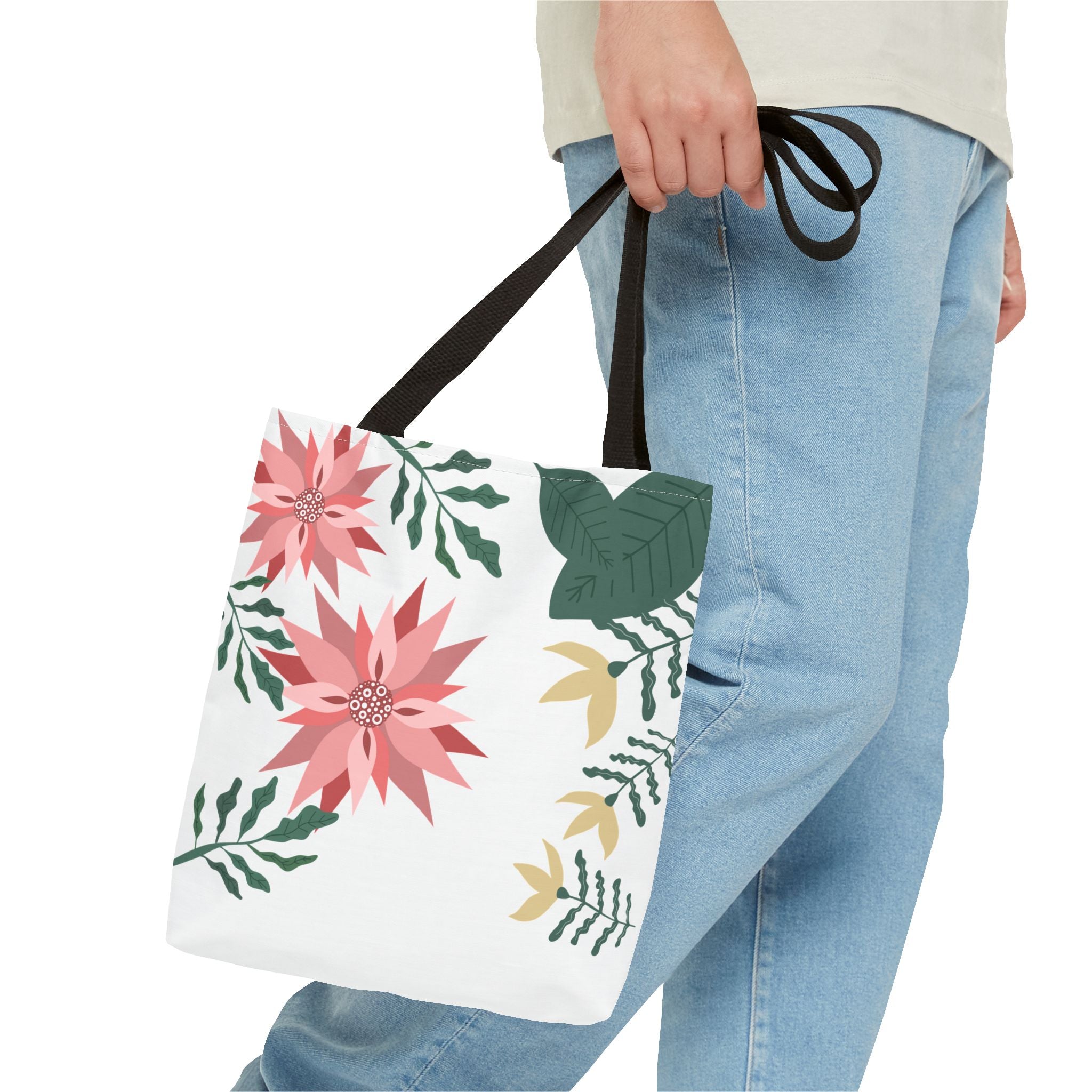 Floral Tote Bag – Pink Poinsettia & Green Foliage All-Over Print