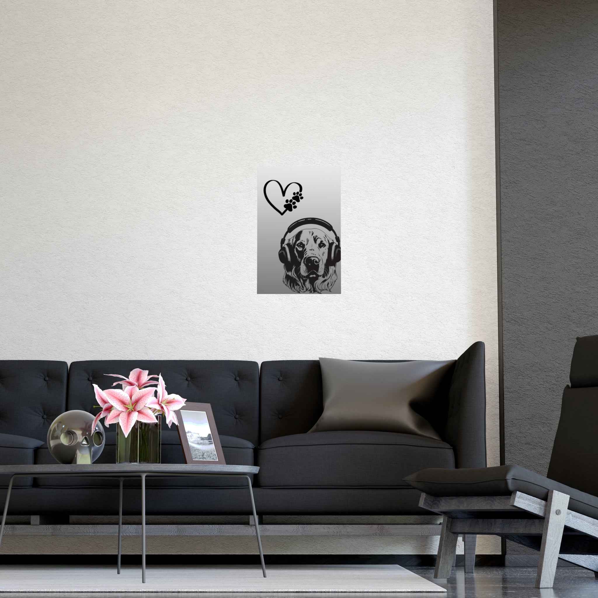 Dog Headphones Matte Poster — Paw Heart Wall Art (Vertical & Horizontal)