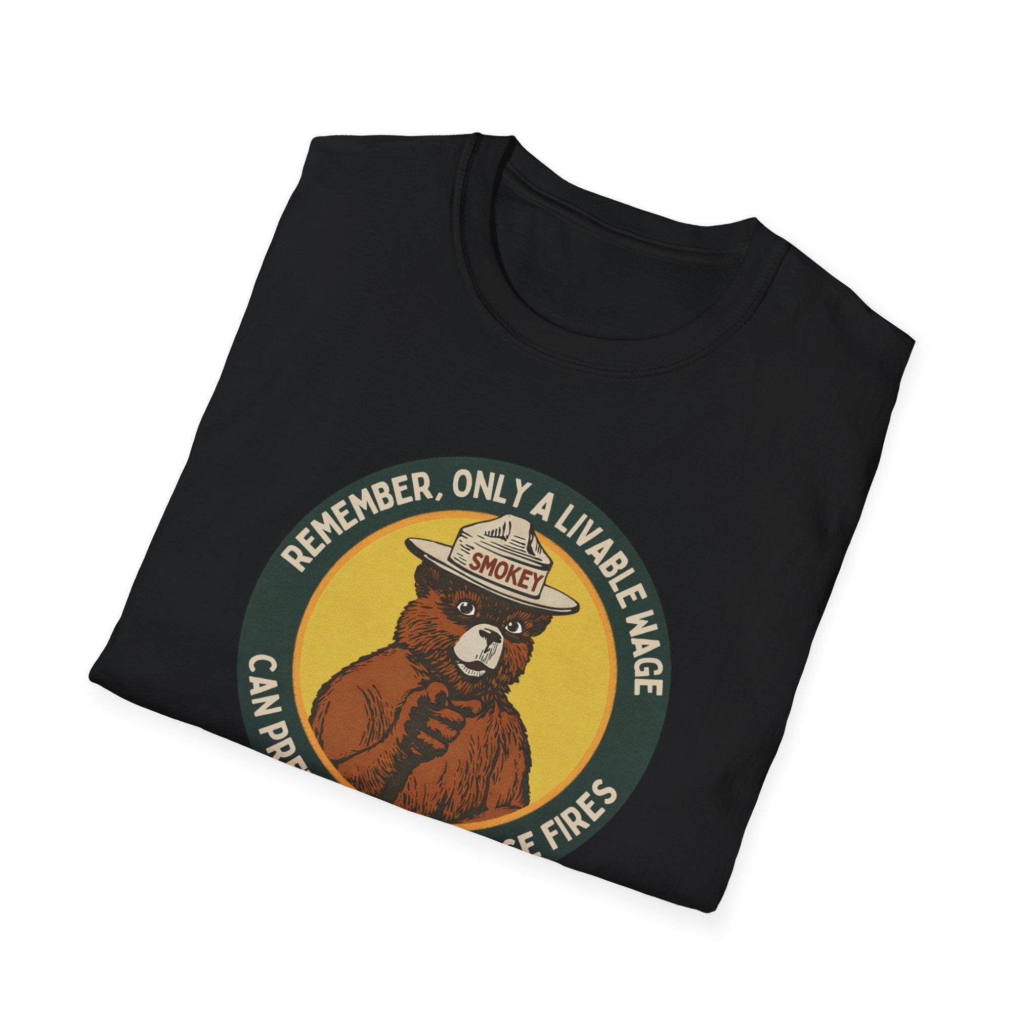 Folded black t-shirt with Smokey Bear graphic and text on a white background