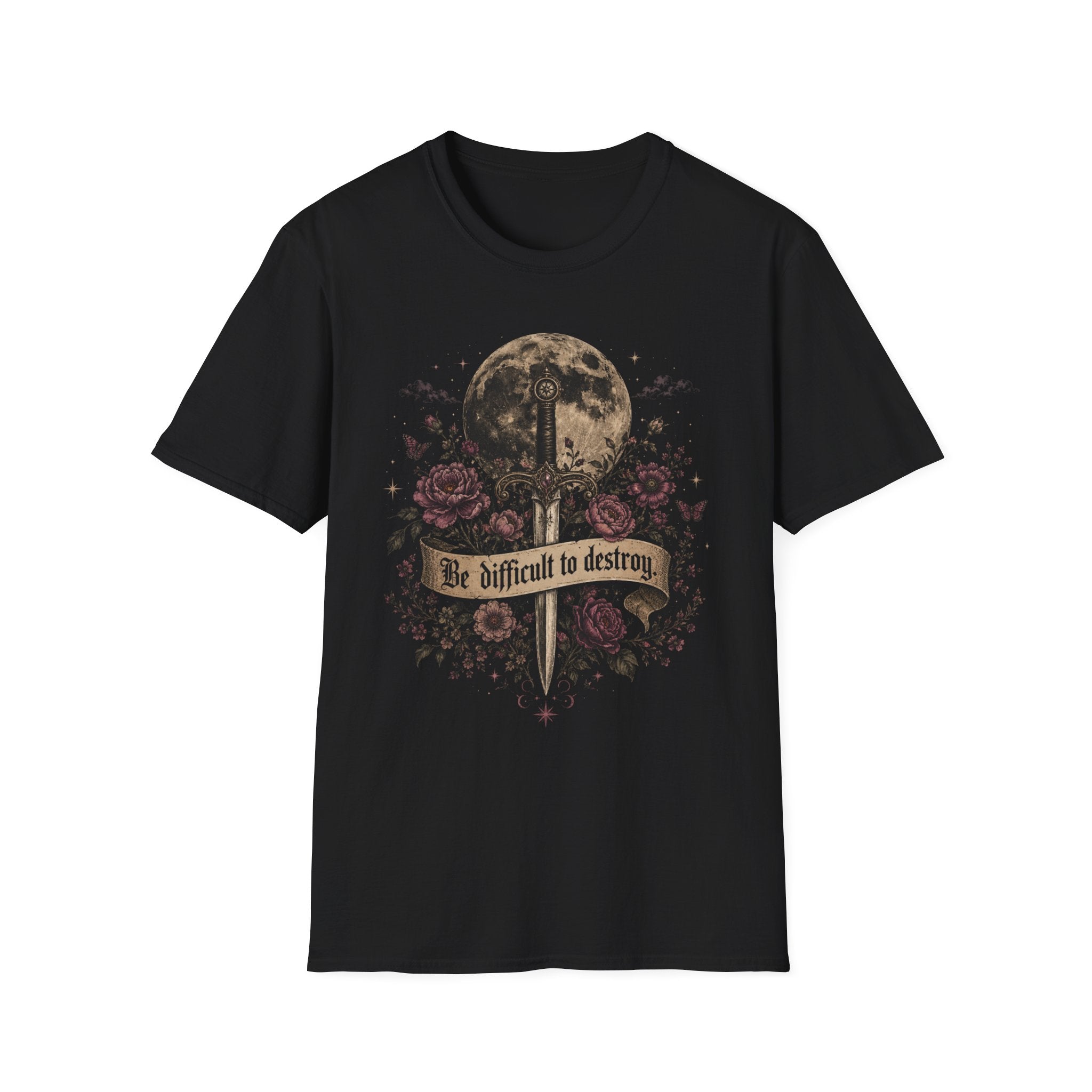 “Be Difficult to Destroy” Dagger & Moon Tee — Dark Feminist Floral Graphic
