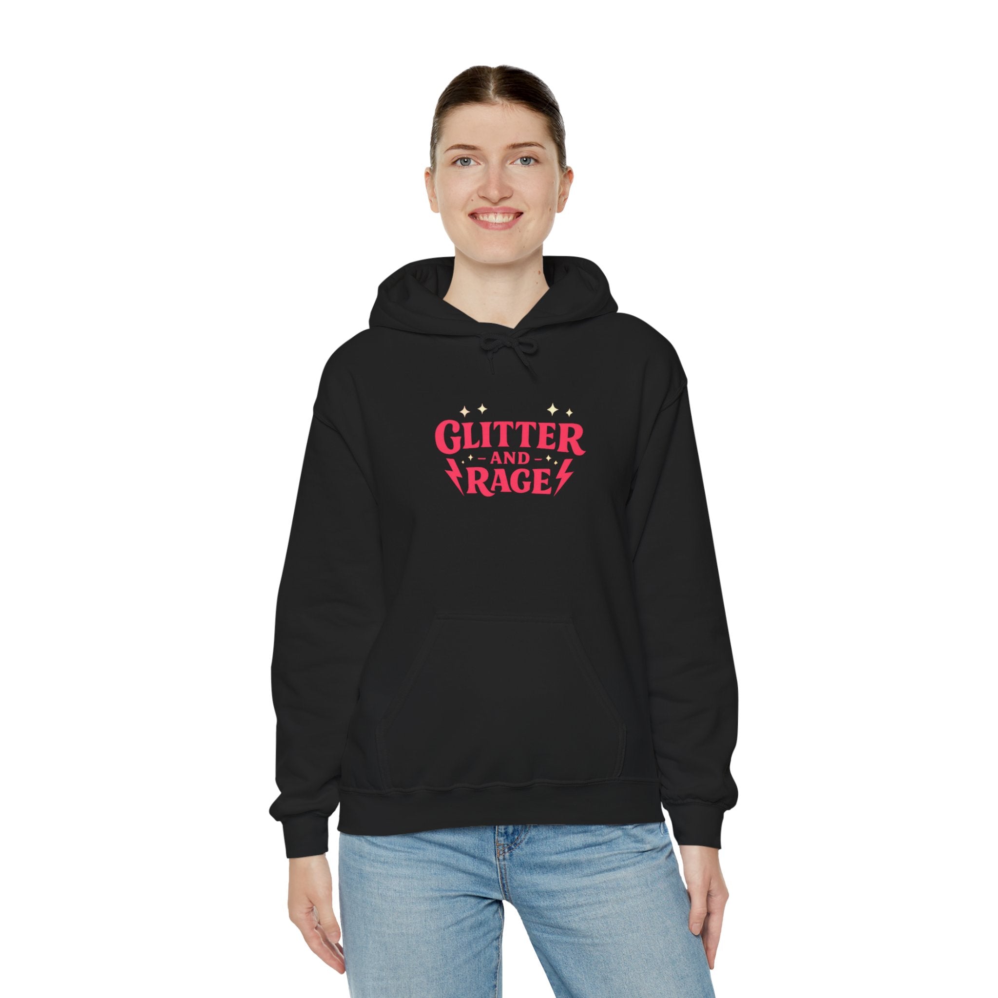 Glitter & Rage White Hoodie — Cute Pink Text Graphic Pullover