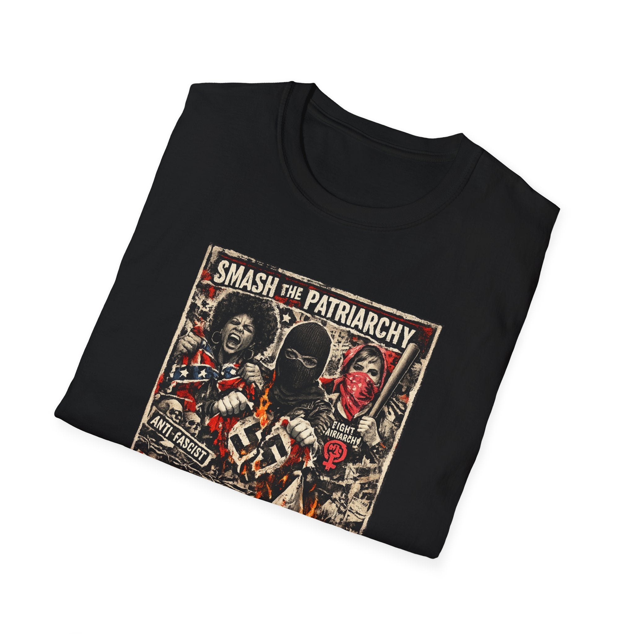 Bold anti-fascist feminist graphic t-shirt with distressed protest poster artwork. Three women in resistance poses destroying hate symbols in flames. Text reads “Smash the Patriarchy — Destroy Hate — No More Racism, No More Misogyny.” Punk feminist shirt, anti-racism tee, women’s resistance graphic shirt, activist gift.