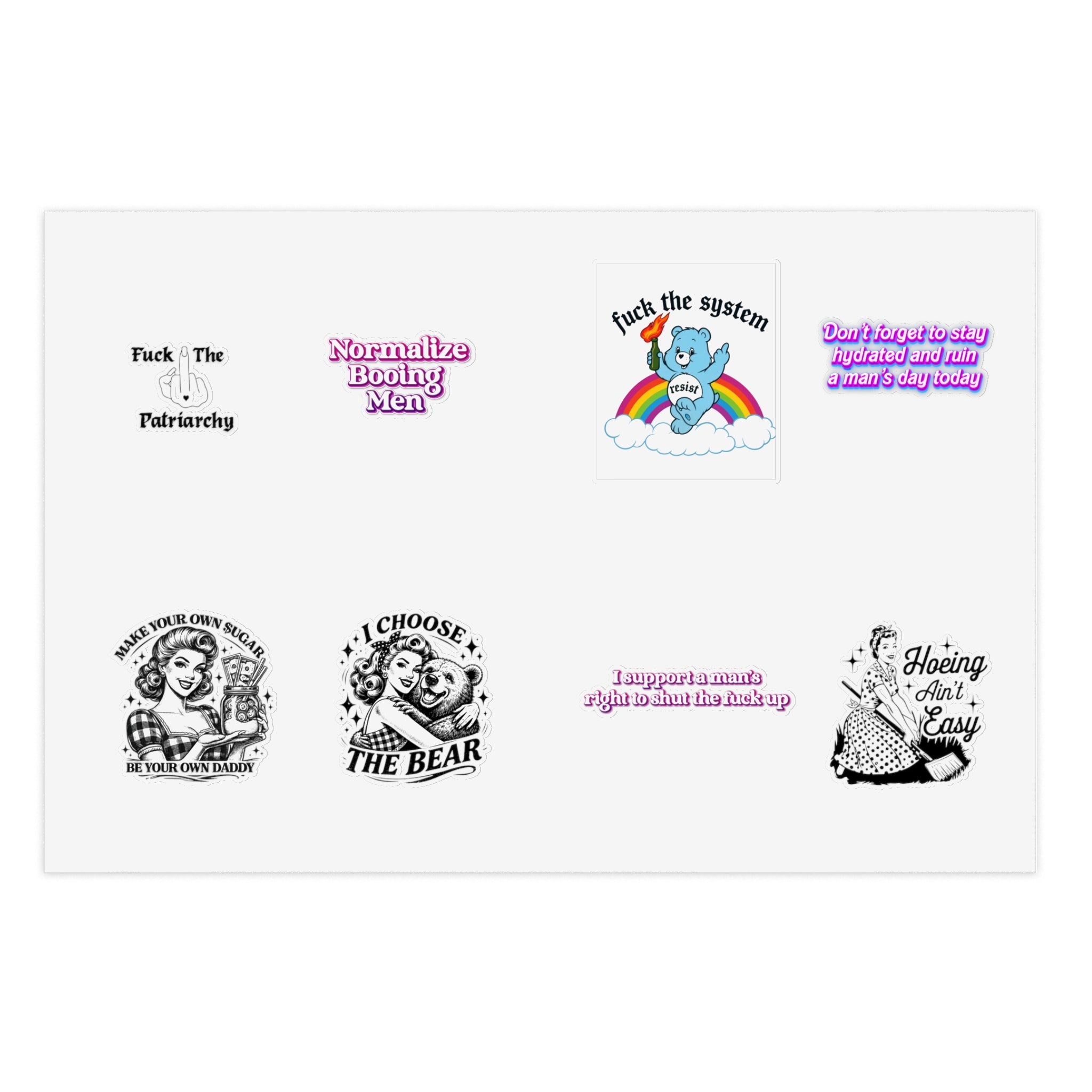 Feminist Vintage & Sassy Quote Sticker Sheet – “Normalize Booing Men”, “Fuck the System”