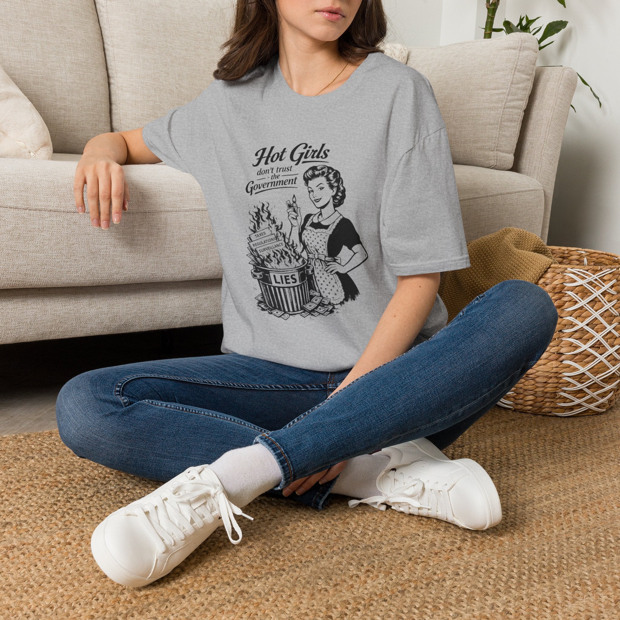 Hot Girls Don’t Trust the Government Shirt — Retro Vintage Housewife Feminist Graphic Tee