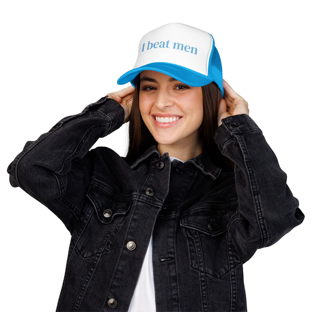“I Beat Men” Trucker Hat | Feminist Snapback | Funny Sarcastic Hat for Women | Glitter and Rage
