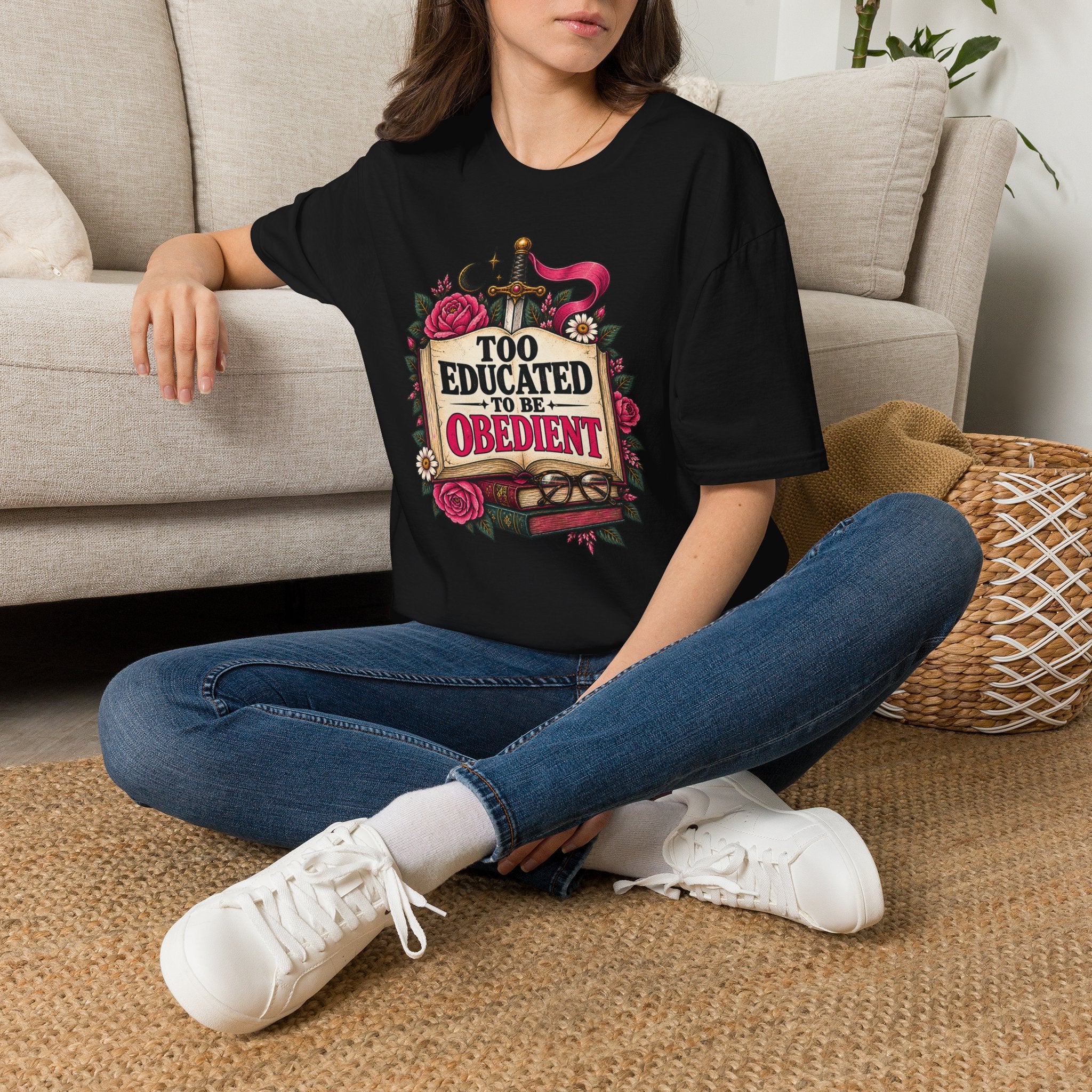 “Too Educated to Be Obedient” Feminist Floral Sword Graphic Tee