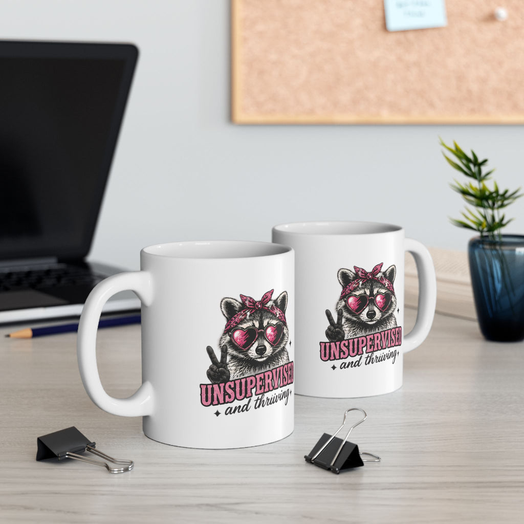 “Unsupervised & Thriving” Raccoon Coffee Mug – Feminist Gift