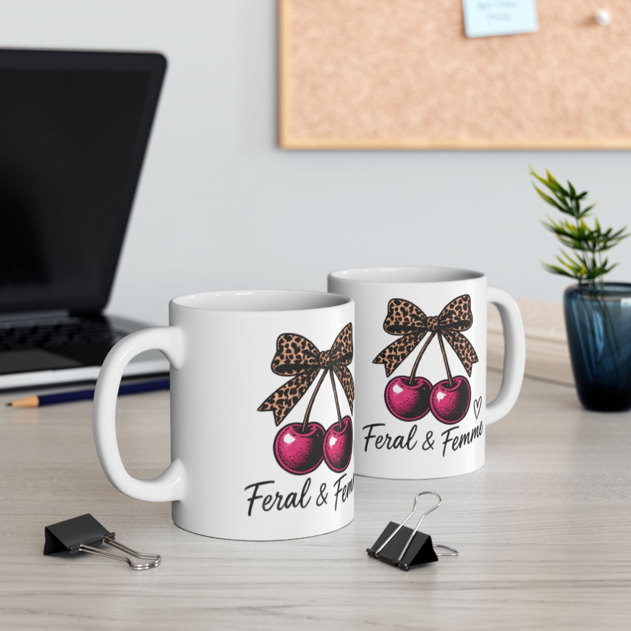 “Feral & Femme” Leopard Bow Cherry Mug | Feminist Coffee Mug
