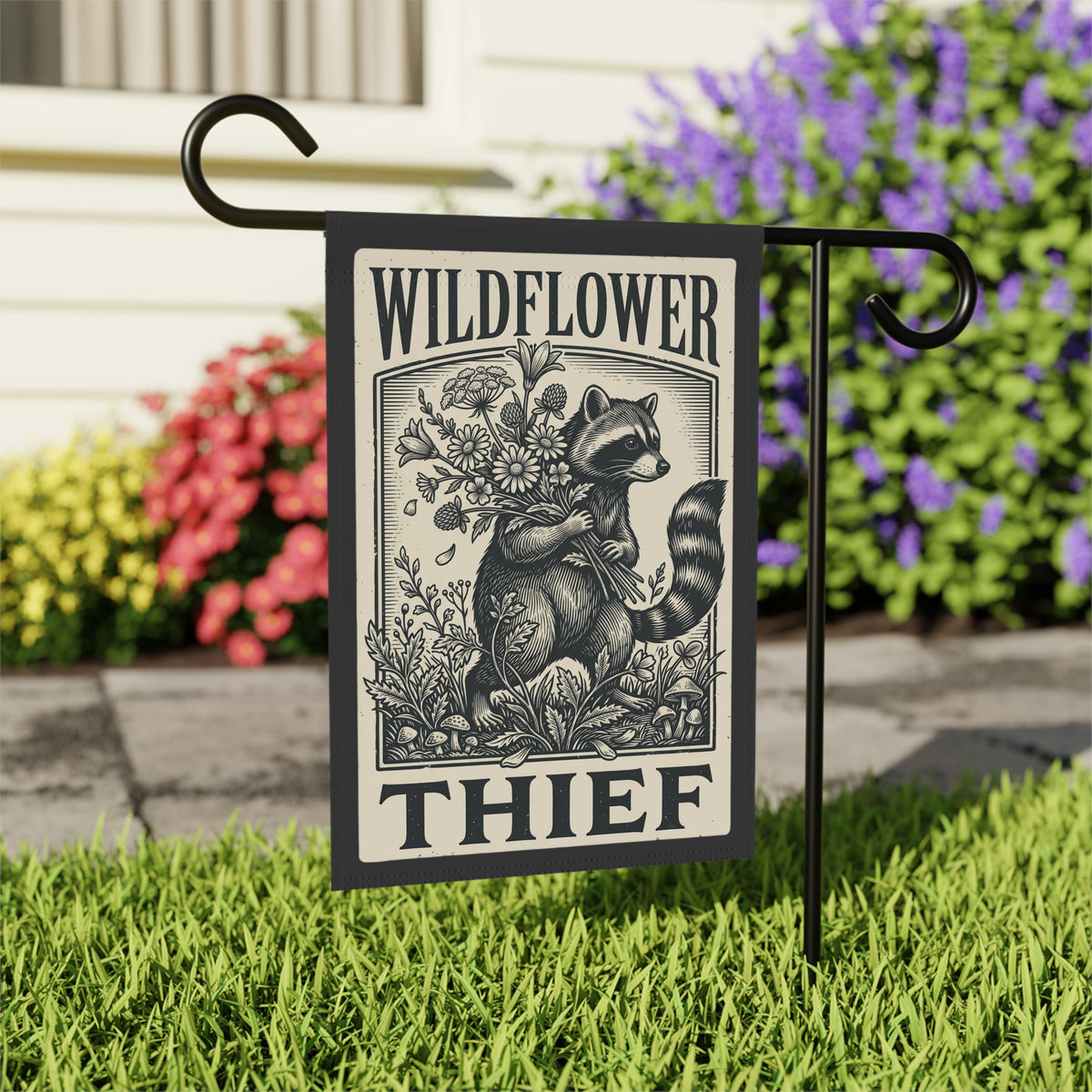 Wildflower Thief Raccoon Garden Flag- Funny Cottage core Yard Decor.
