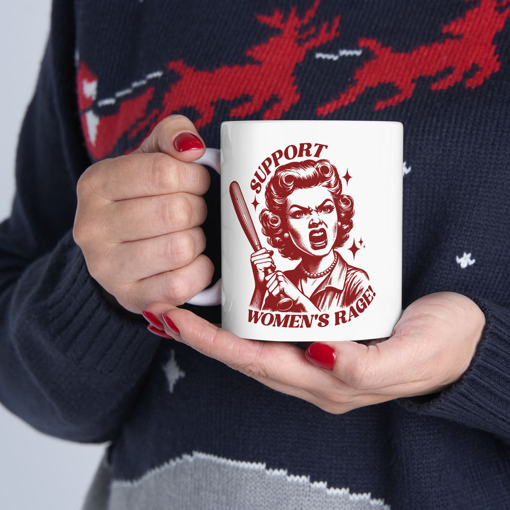 Support Women's Rage Mug — Feminist Retro Baseball Bat Coffee Cup