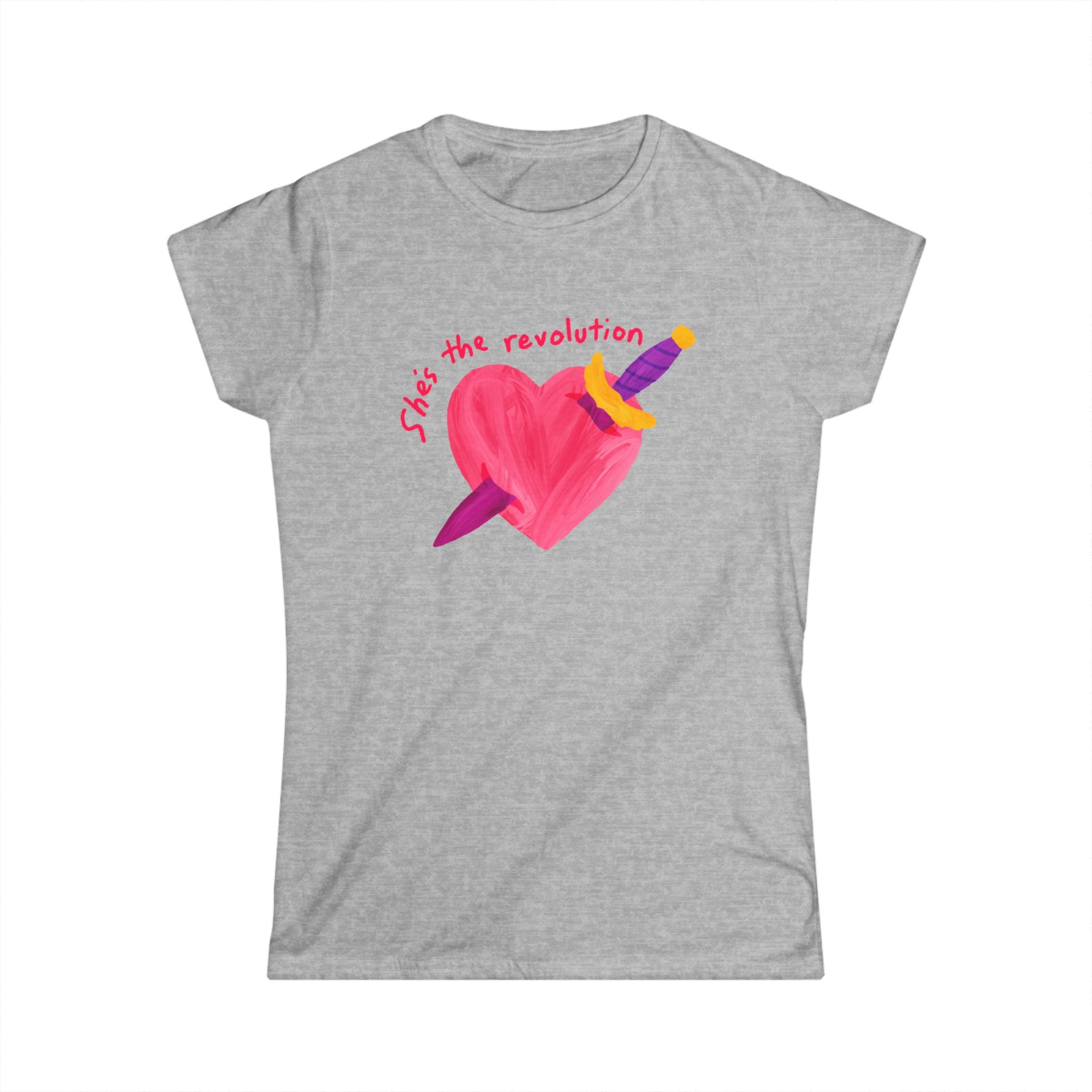 Women’s feminist gray t-shirt with a pink heart and sword graphic and red text that reads “she’s the revolution”