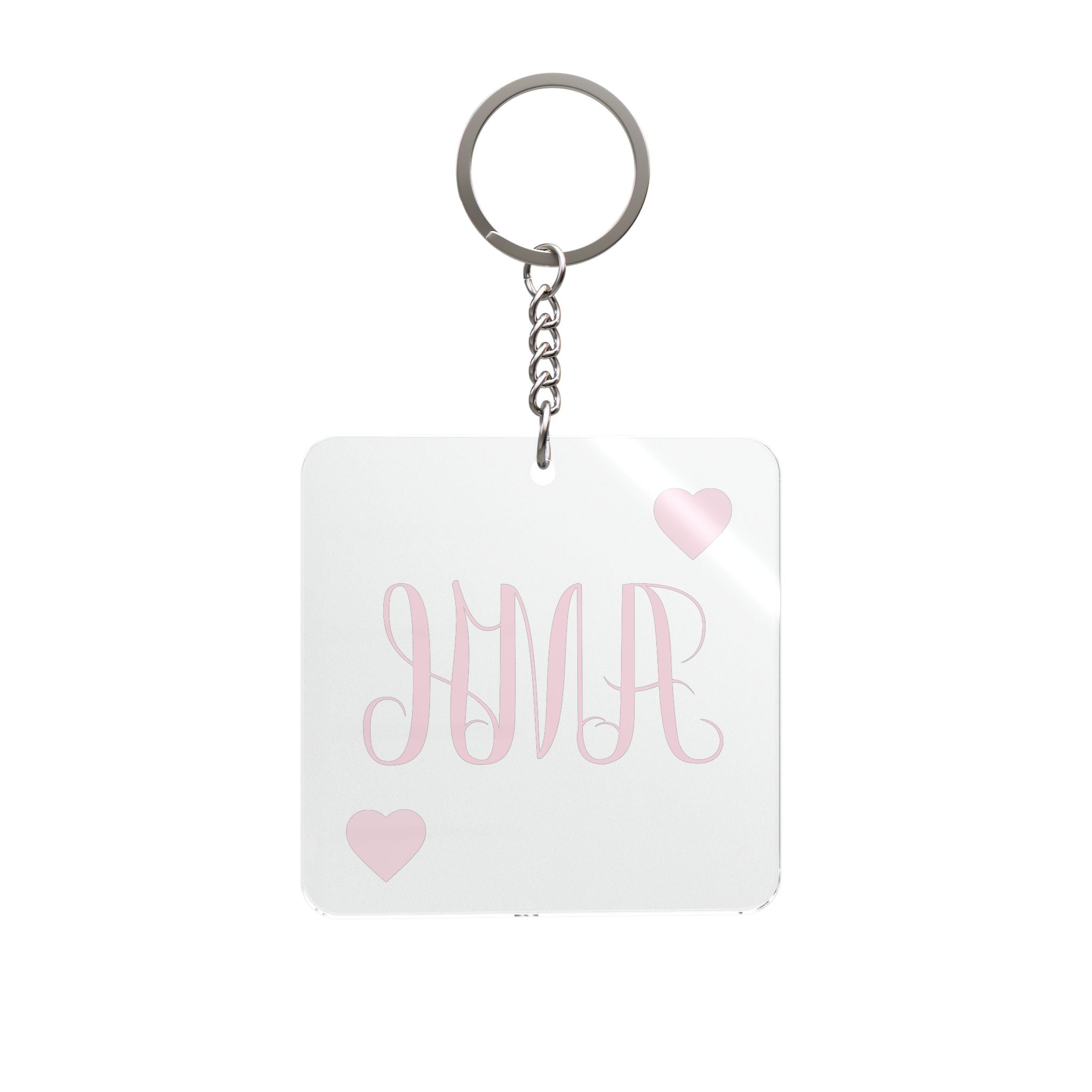 Personalized Square Keychain — Pink Script Monogram with Hearts
