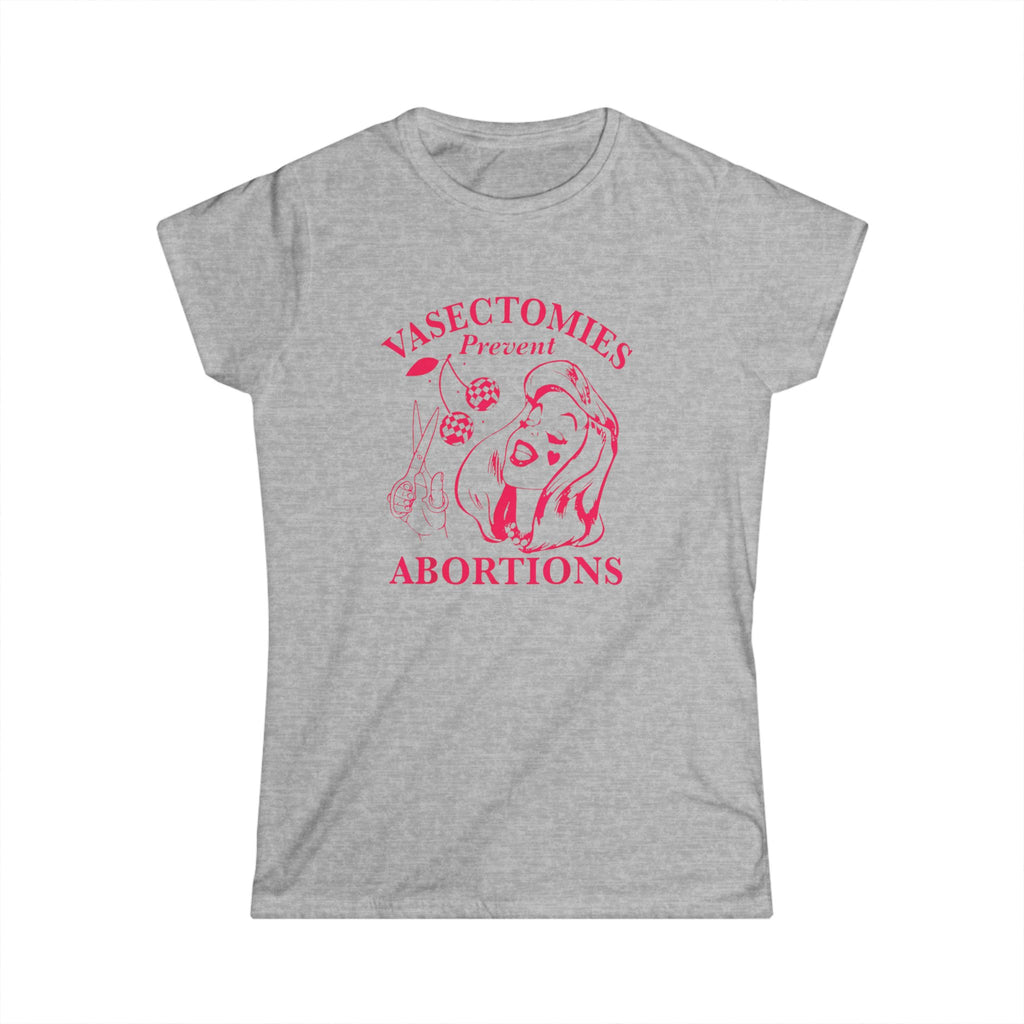 Vasectomies Prevent Abortions feminist statement t-shirt in hot pink on gray tee with retro pin-up graphic and scissors illustration