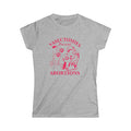 Vasectomies Prevent Abortions feminist statement t-shirt in hot pink on gray tee with retro pin-up graphic and scissors illustration