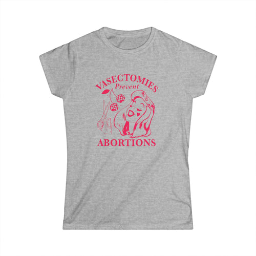 Vasectomies Prevent Abortions feminist statement t-shirt in hot pink on gray tee with retro pin-up graphic and scissors illustration