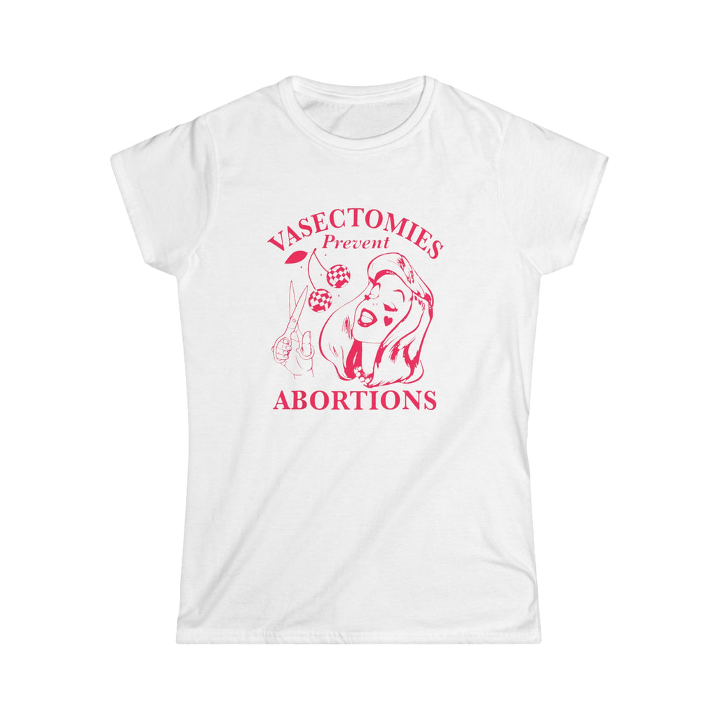 Vasectomies Prevent Abortions feminist statement t-shirt in hot pink on white unisex tee with retro pin-up graphic and scissors illustration