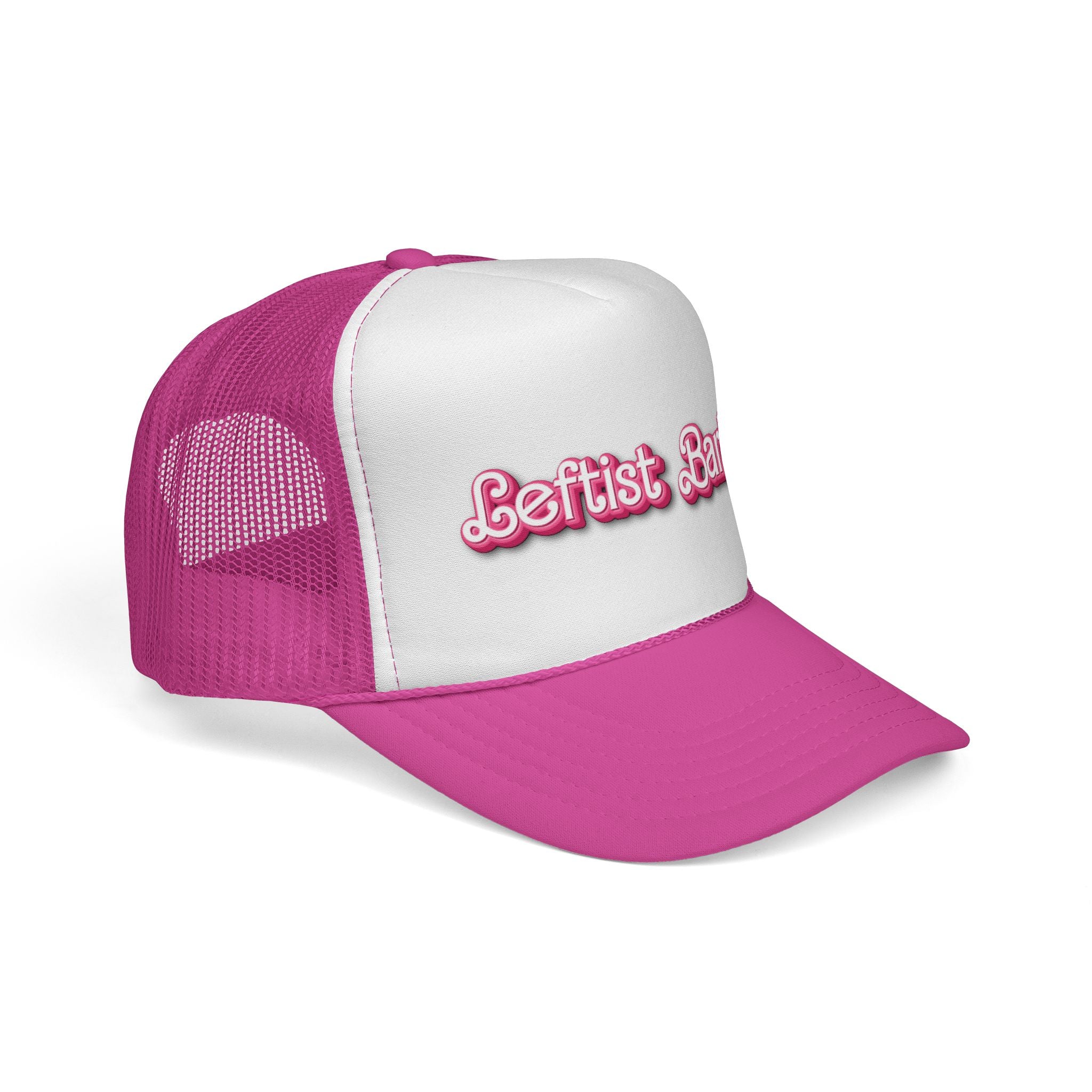 Leftist Barbie Trucker Cap — Pink Retro Script Political Mesh Hat