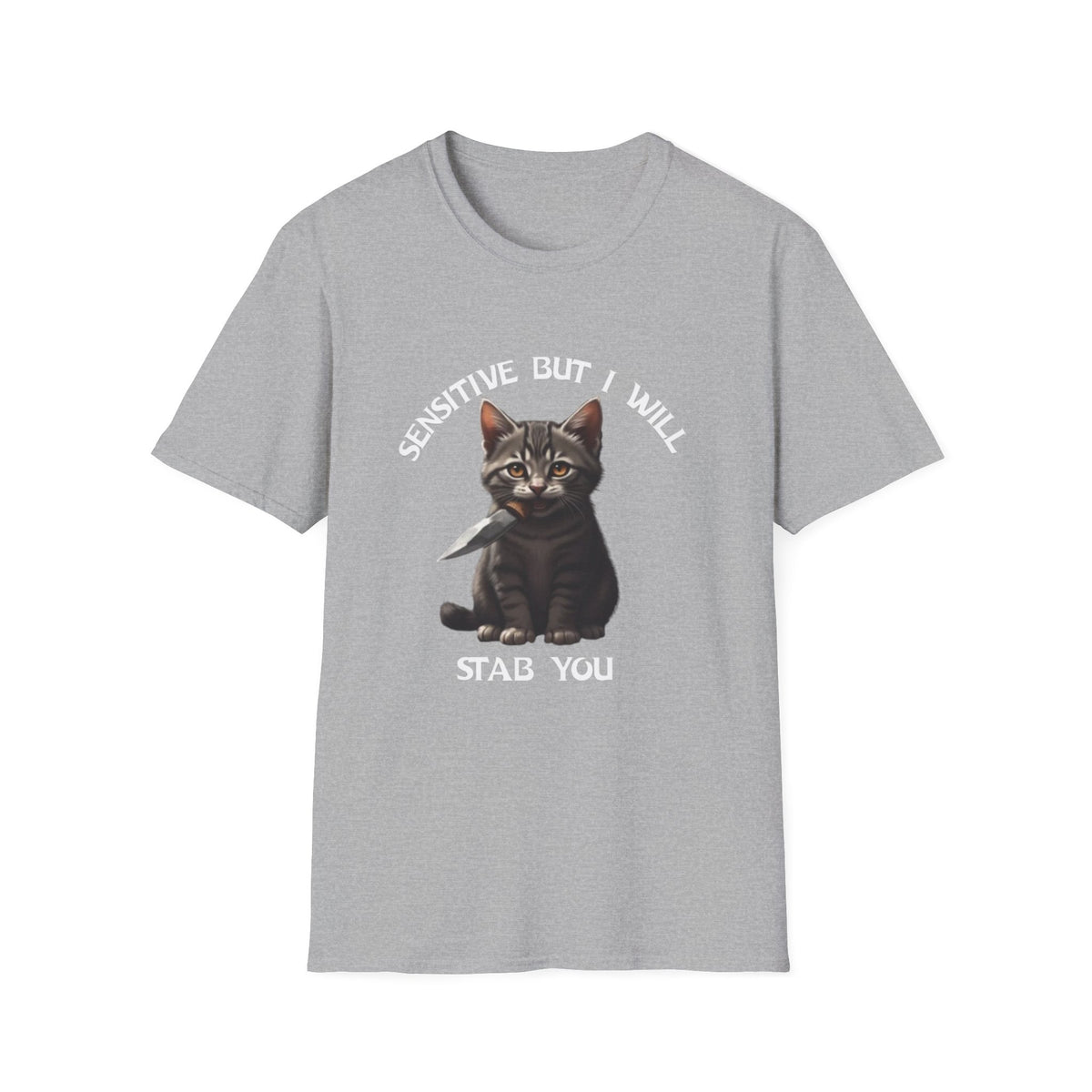 Women's Tee — "Sensitive But I Will Stab You" Cute Cat Graphic