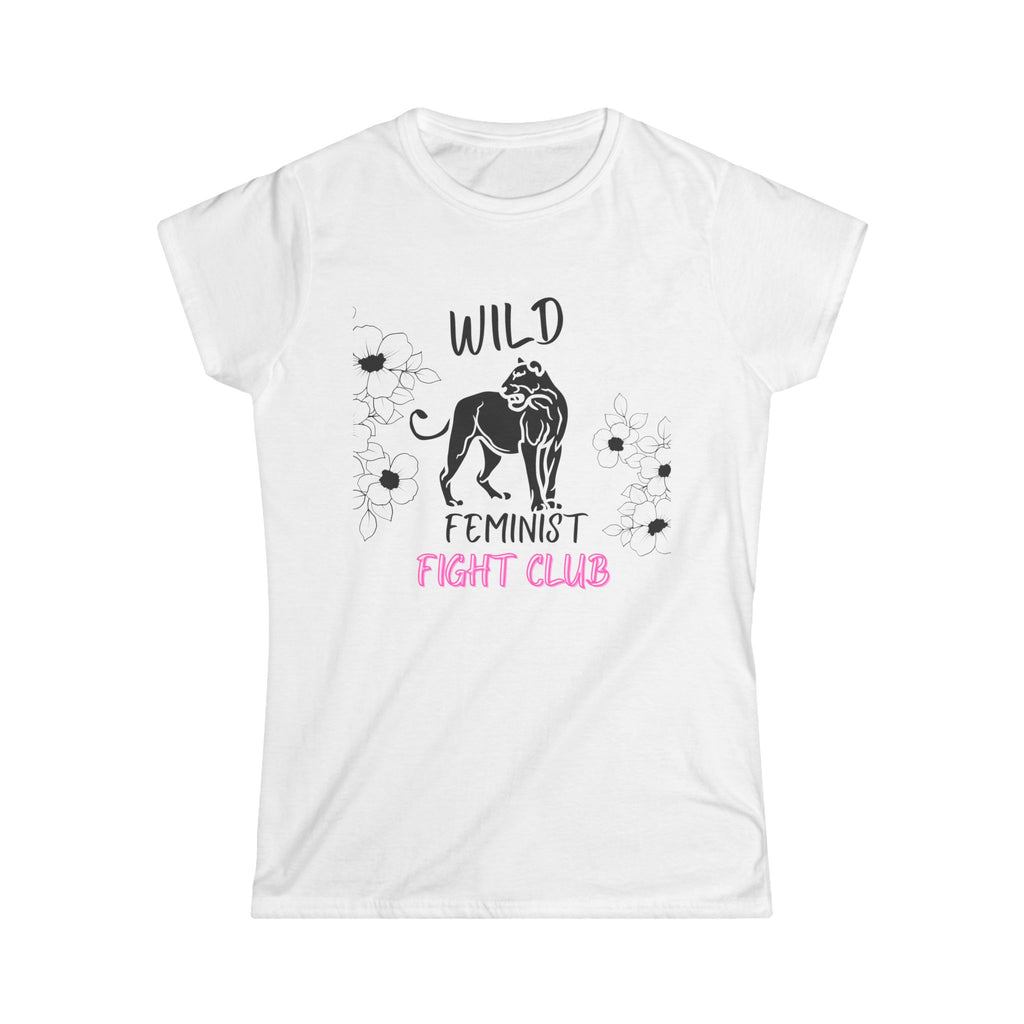 White Feminist t shirt with lion and flowers 
