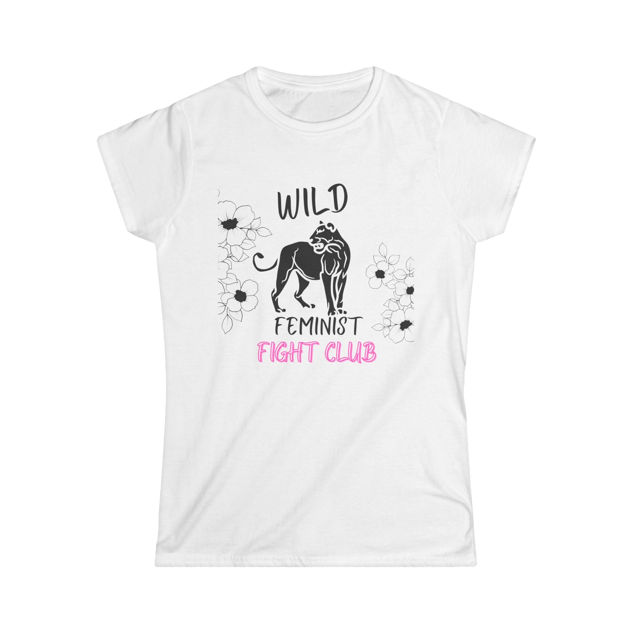 White Feminist t shirt with lion and flowers 