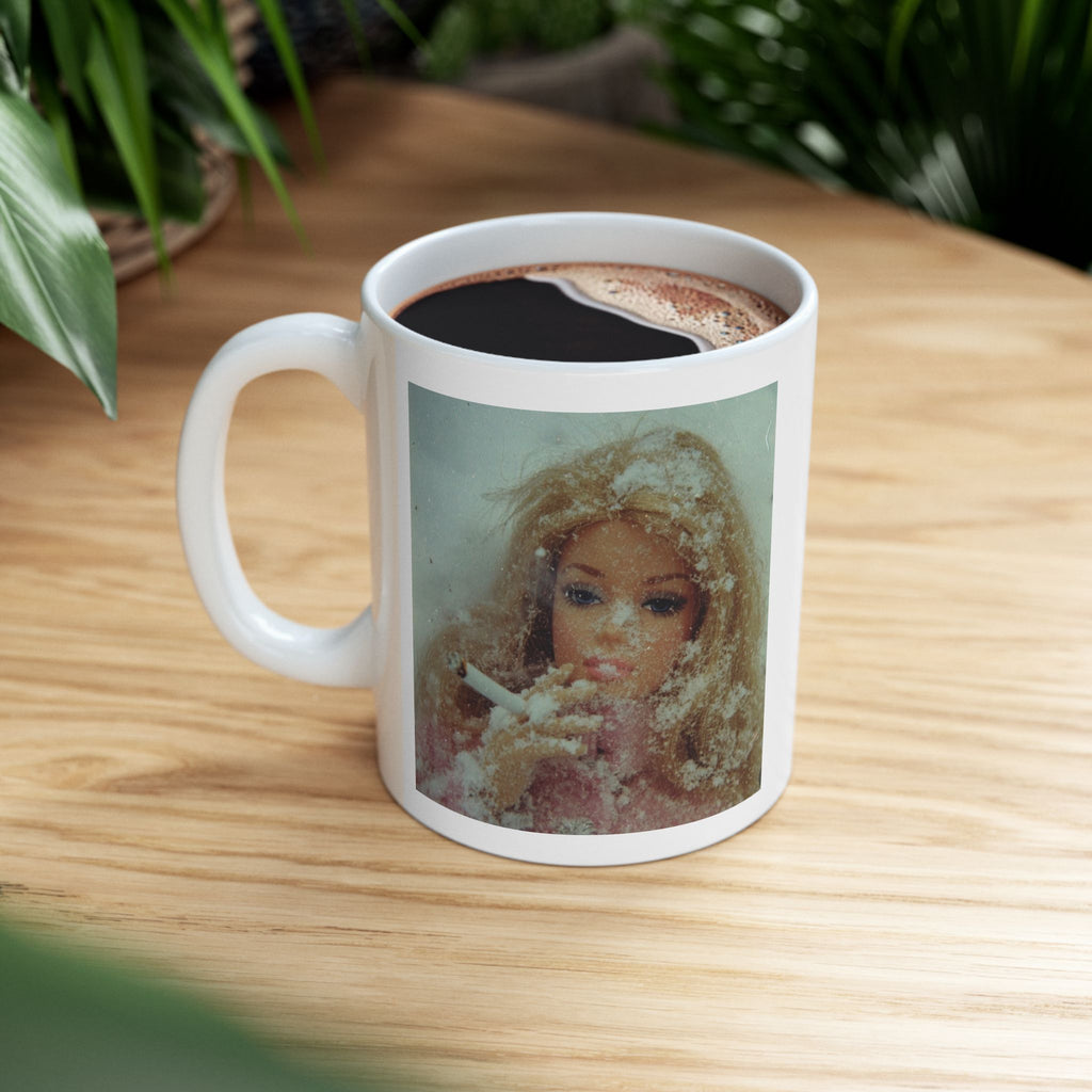 Vintage Doll Smoking Portrait Mug — Retro Doll Art Coffee Cup