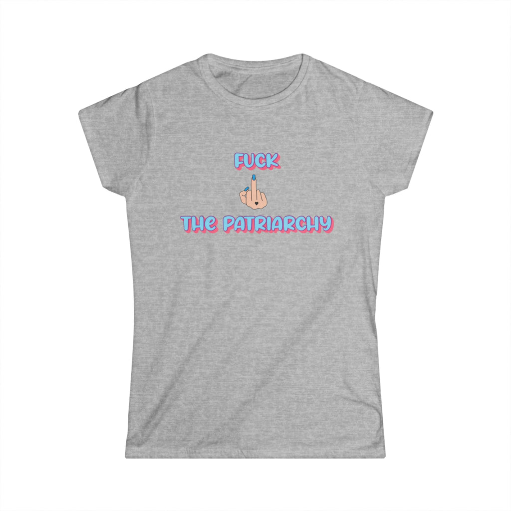 Women’s Gray  tee with “F*ck The Patriarchy” printed in pink and blue gradient bubble letters with an illustrated middle finger graphic between the words, modeled by a woman seated casually in jeans.