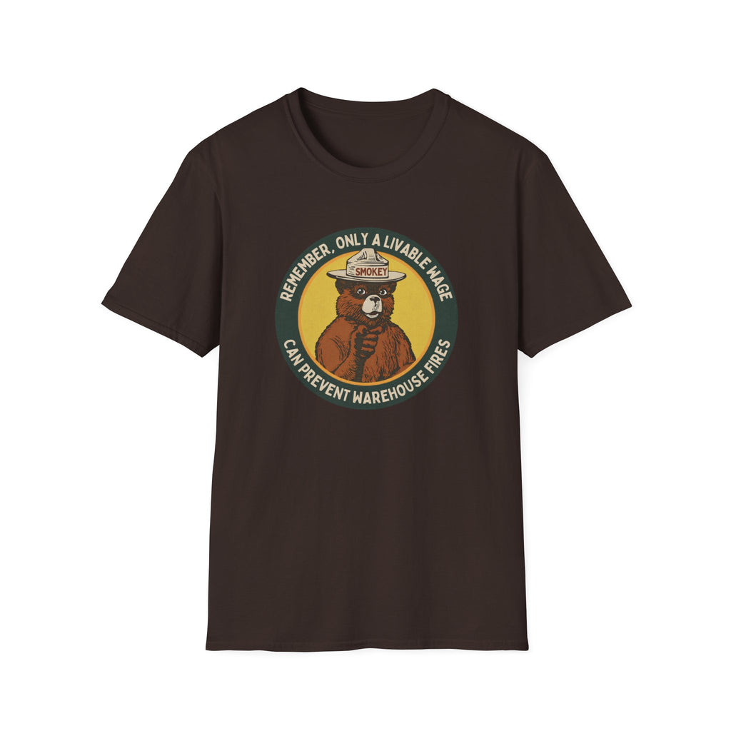 brown graphic tee featuring a Smokey Bear parody badge design. Text reads “Remember, Only a Livable Wage Can Prevent Warehouse Fires.” Funny labor rights shirt, workers’ rights tee, sarcastic anti-Amazon shirt, pro-union graphic tee, funny political gift.