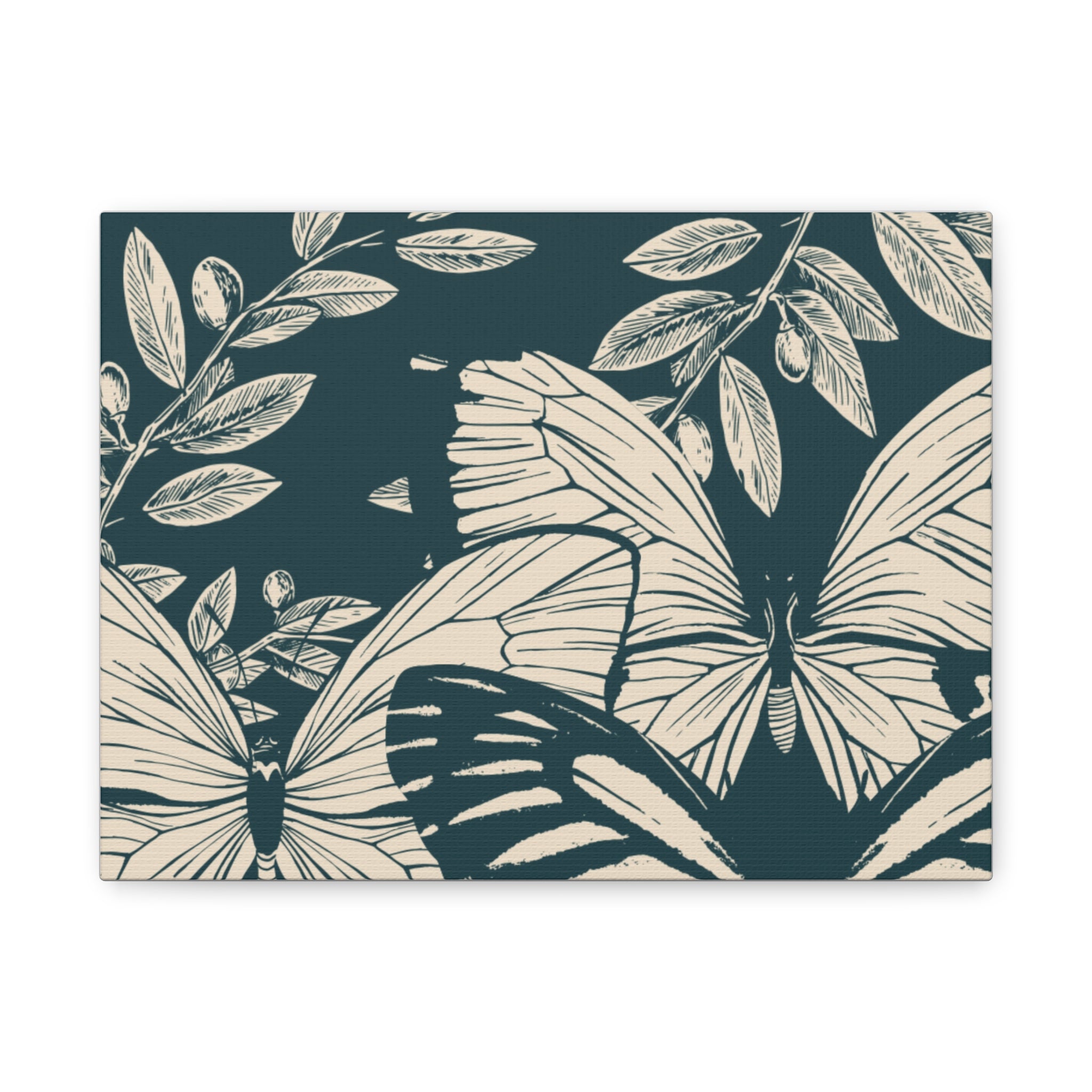 Butterfly Botanical Canvas Wall Art — Teal & Cream Stretched Matte Print