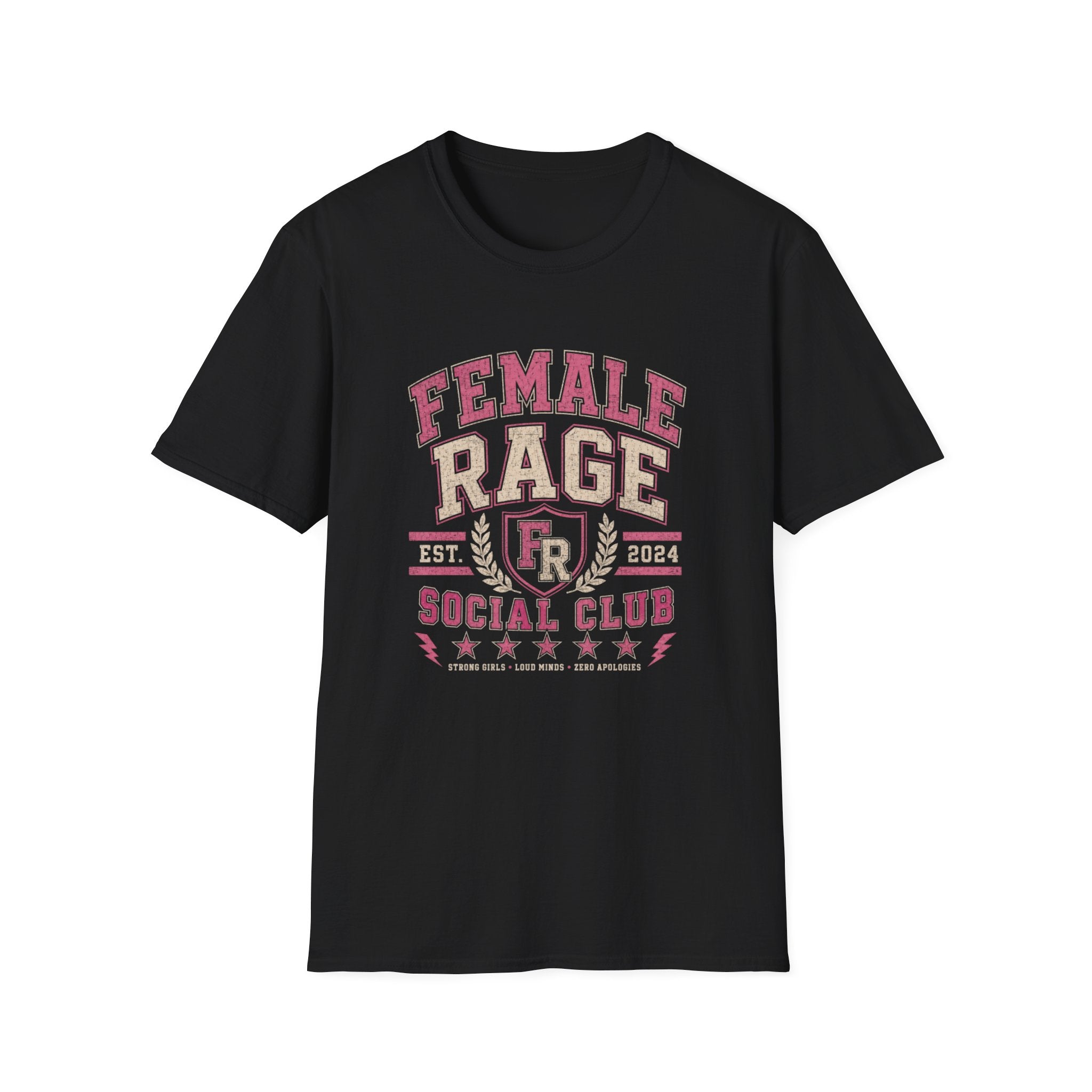 Female Rage Social Club T-Shirt | Collegiate Style Feminist Tee | Strong Girls Loud Minds Graphic Shirt