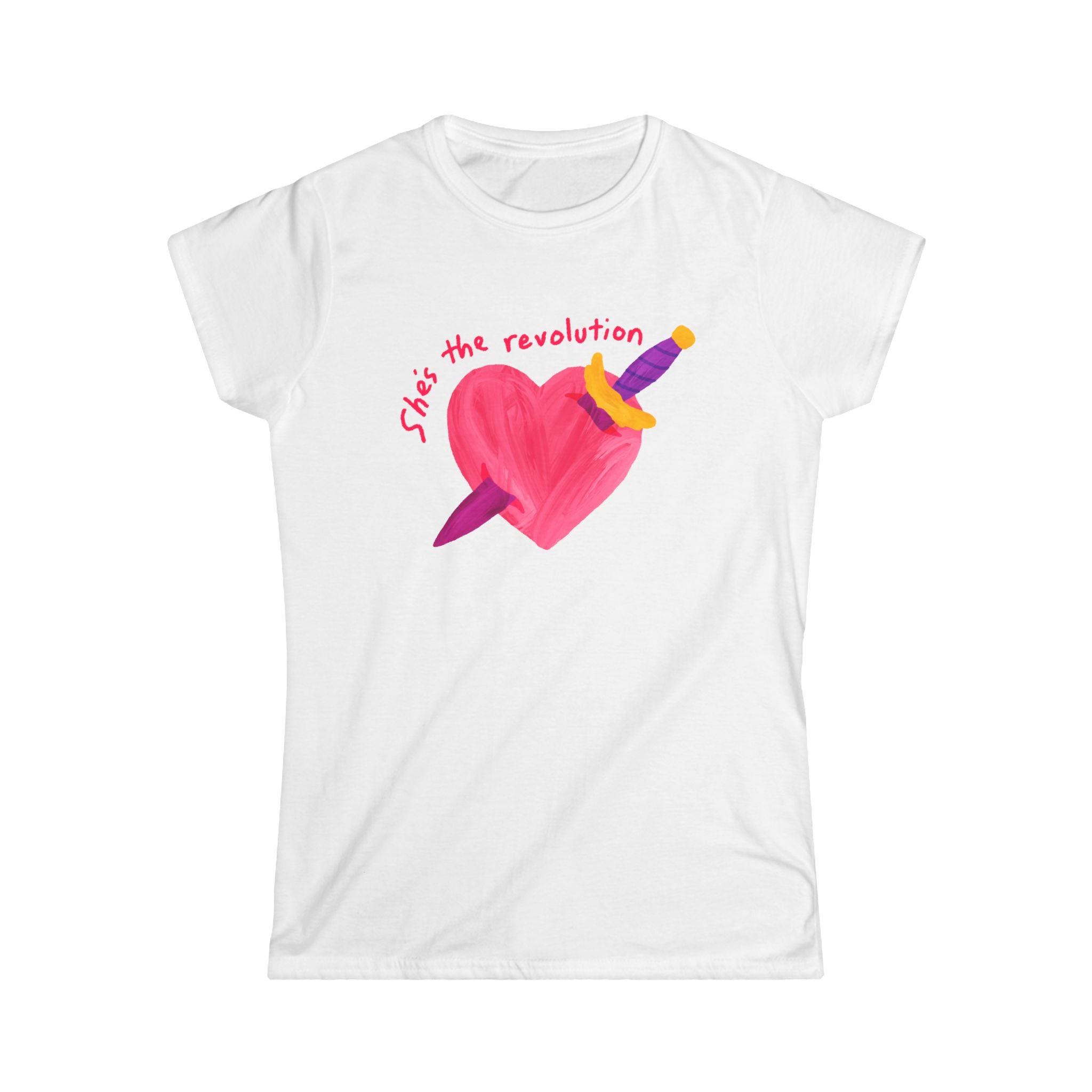 Women’s feminist white t-shirt with a pink heart and sword graphic and red text that reads “she’s the revolution”