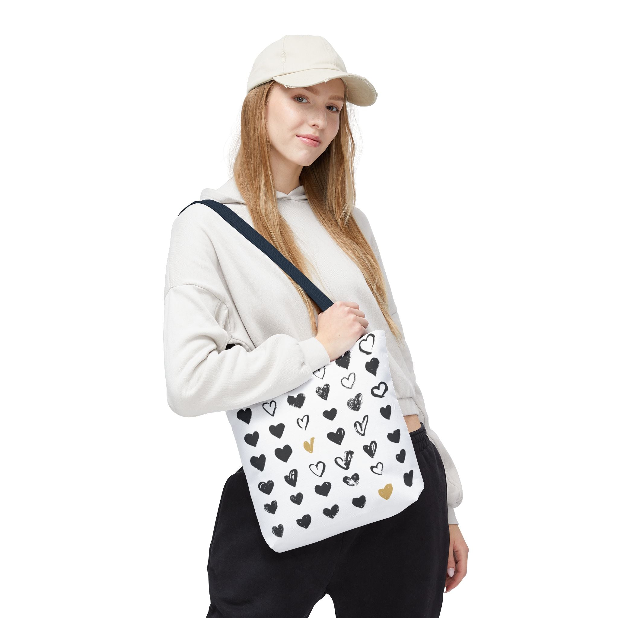 Heart Pattern Tote Bag — Black & Gold Hand-Drawn Hearts All-Over Print