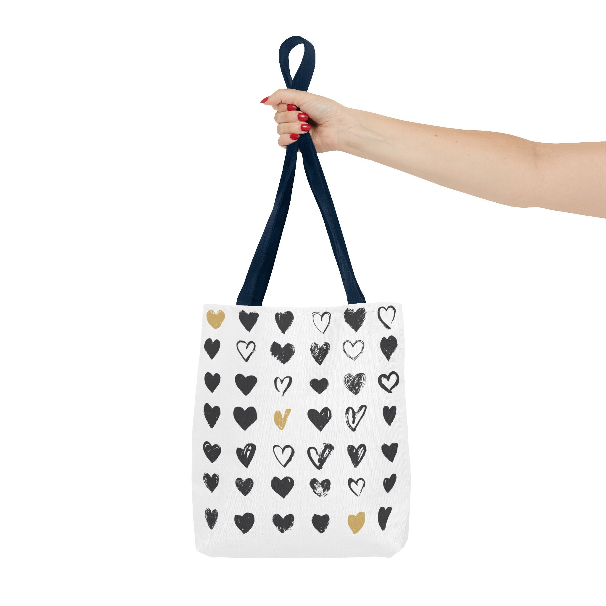 Heart Pattern Tote Bag — Black & Gold Hand-Drawn Hearts All-Over Print