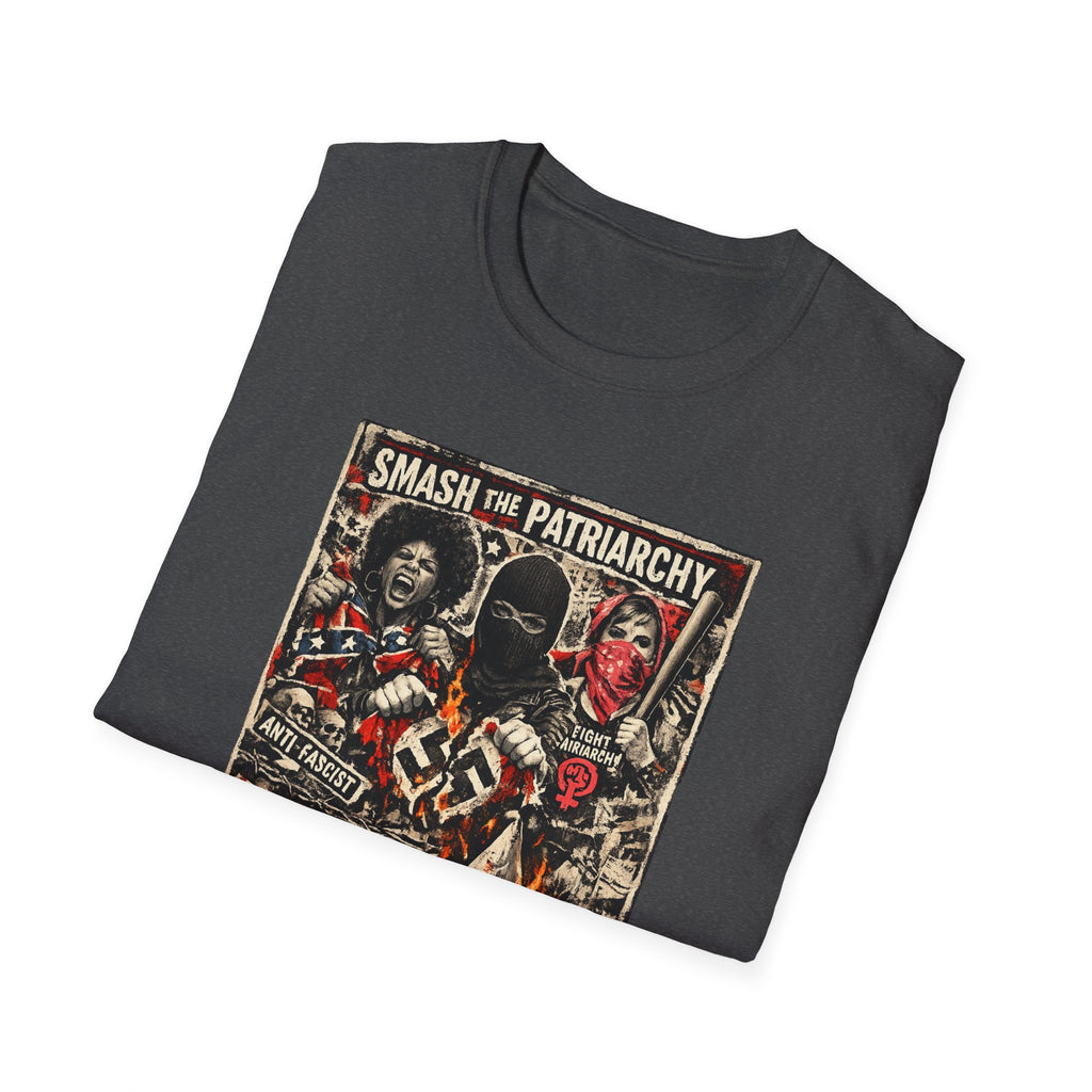 Bold anti-fascist feminist graphic t-shirt with distressed protest poster artwork. Three women in resistance poses destroying hate symbols in flames. Text reads “Smash the Patriarchy — Destroy Hate — No More Racism, No More Misogyny.” Punk feminist shirt, anti-racism tee, women’s resistance graphic shirt, activist gift.