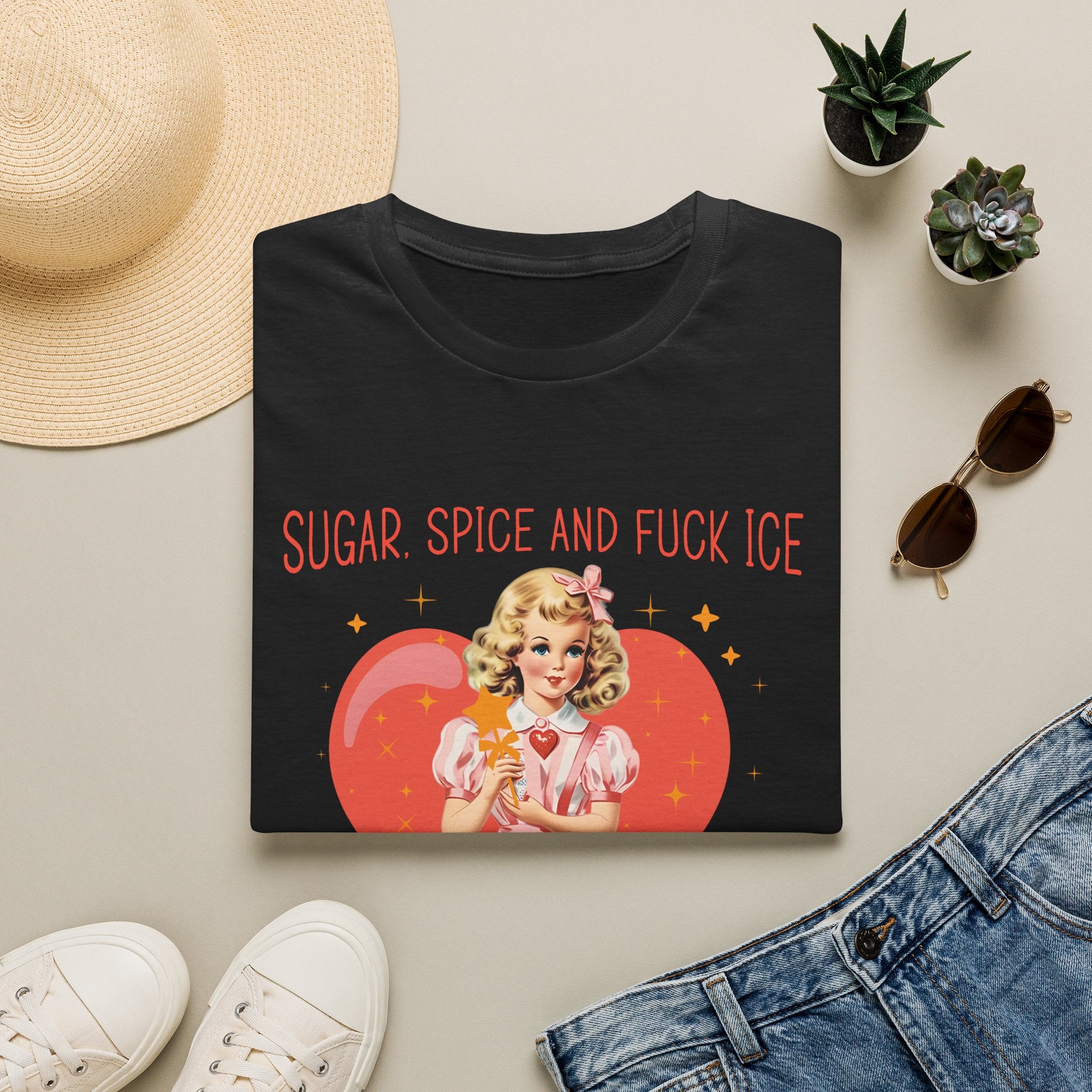 Sugar Spice And F*ck Ice Shirt | Funny Sarcastic Women’s Graphic Tee | Retro Vintage Girl Pink Heart T-Shirt | Edgy Cute Feminist Shirt | Funny Gift For Women