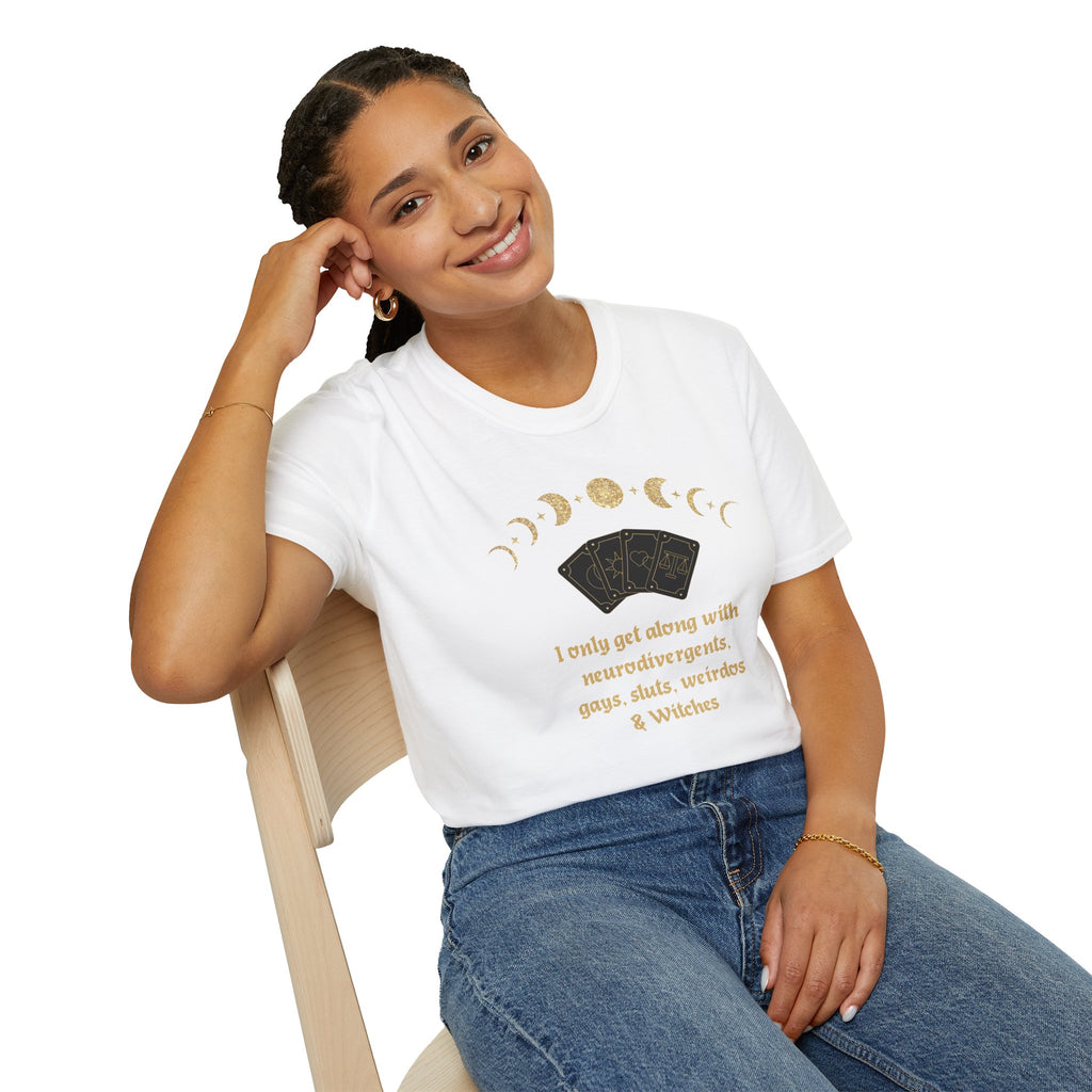Witchy Moon Phases T‑Shirt — “I only get along with neurodivergents, gays, sluts, weirdos & Witches”