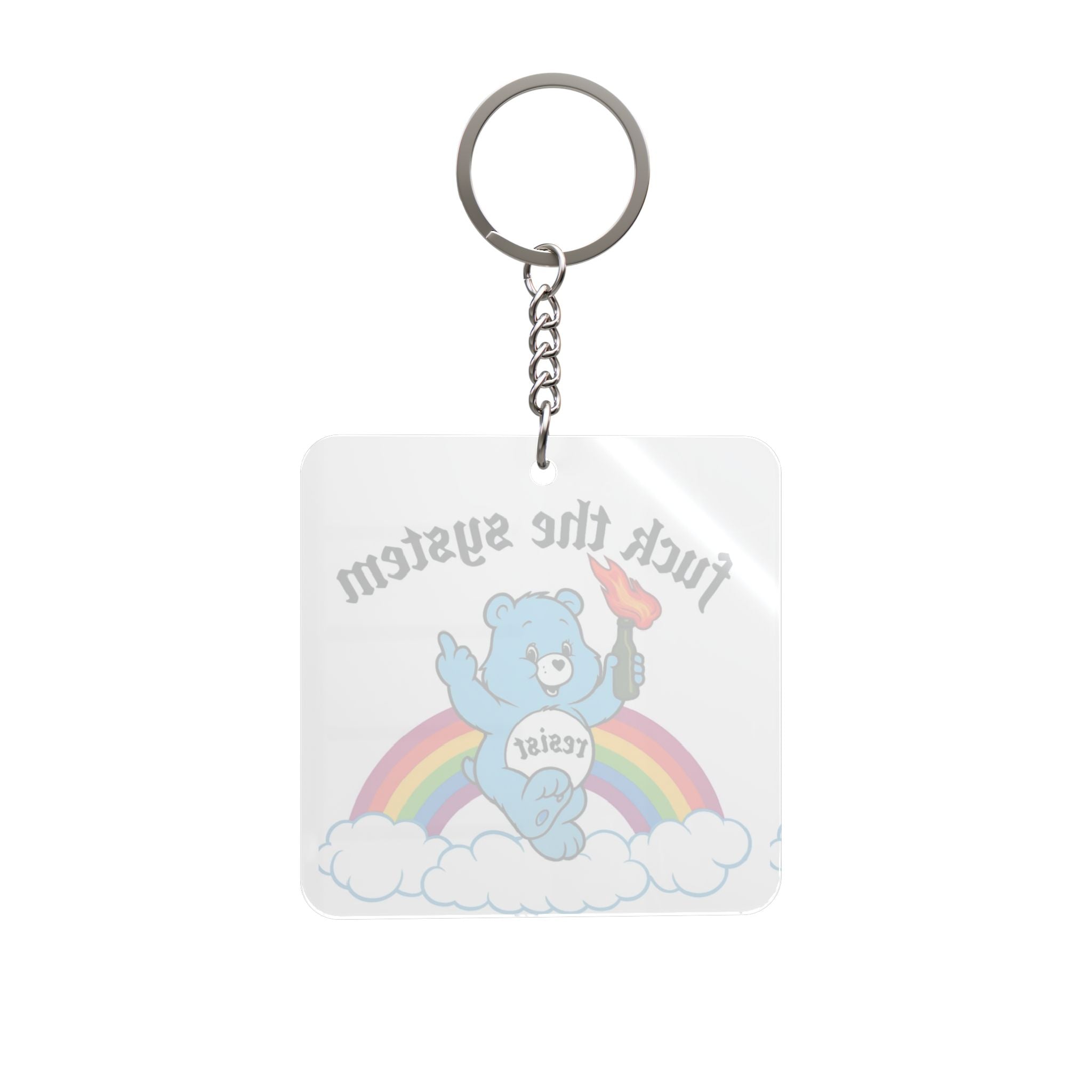 Rebel Bear Square Keychain — “fuck the system” Rainbow Protest Accessory