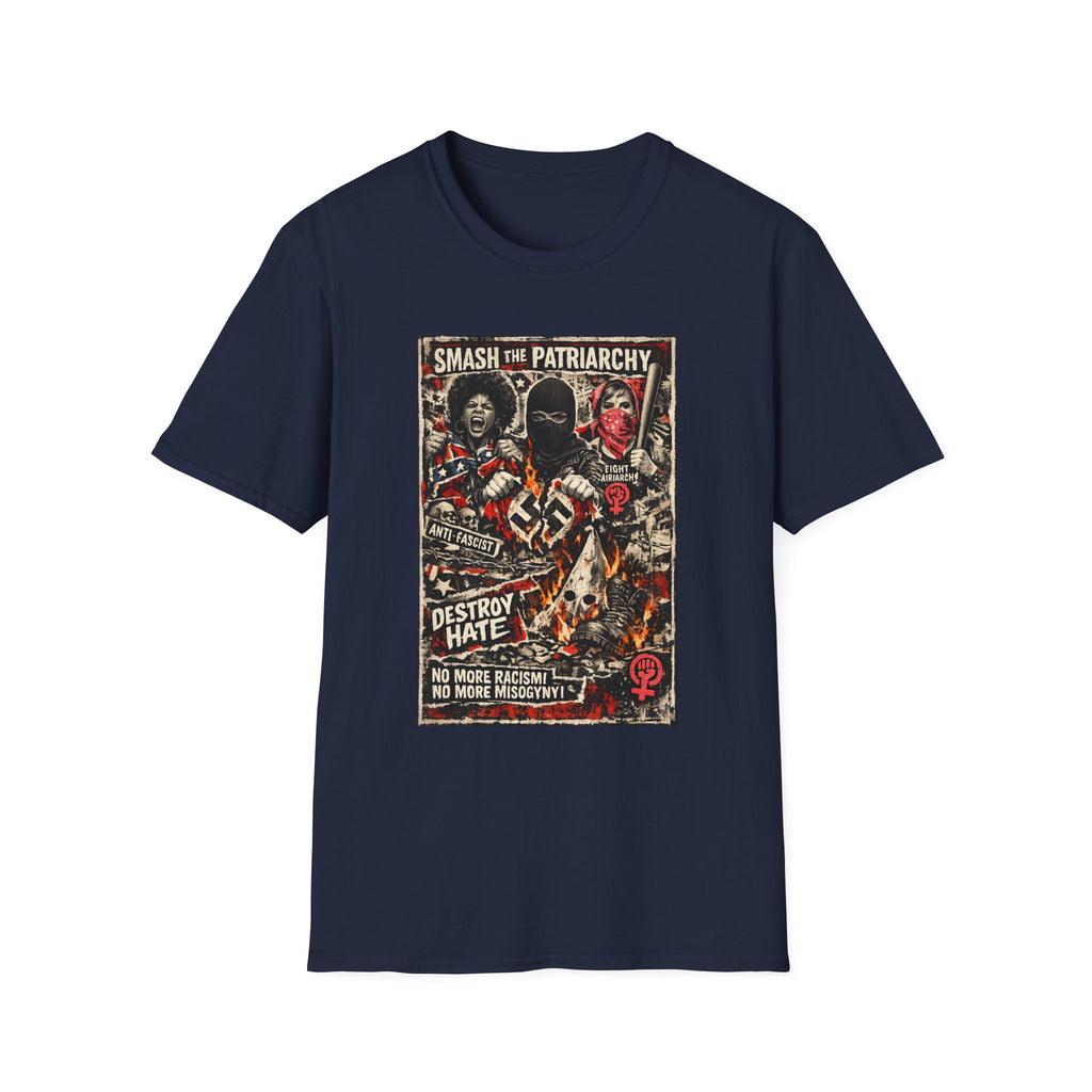Bold anti-fascist feminist graphic t-shirt with distressed protest poster artwork. Three women in resistance poses destroying hate symbols in flames. Text reads “Smash the Patriarchy — Destroy Hate — No More Racism, No More Misogyny.” Punk feminist shirt, anti-racism tee, women’s resistance graphic shirt, activist gift.