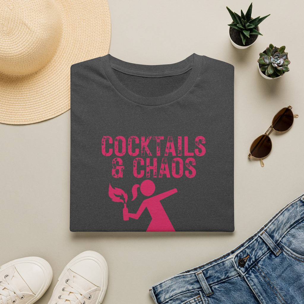 Cocktails & Chaos Graphic Tee | Funny Feminist Shirt | Women’s Black T-Shirt | Gift for Her | Chaos Energy Shirt | Hot Pink Graphic Tee