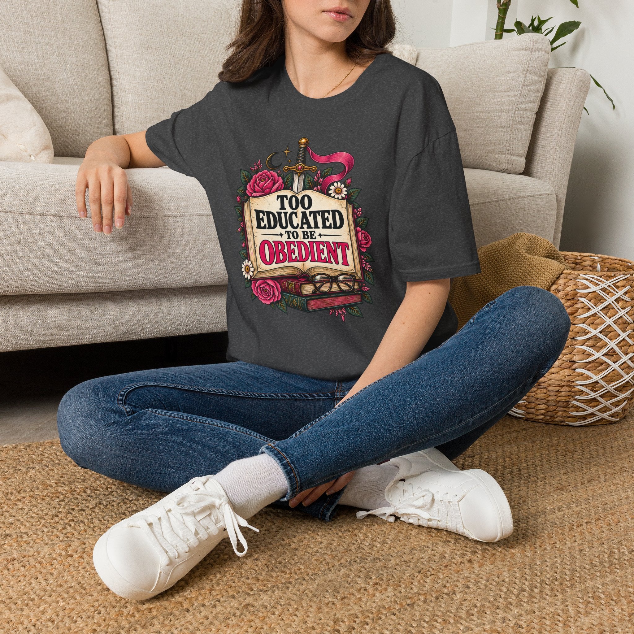 “Too Educated to Be Obedient” Feminist Floral Sword Graphic Tee