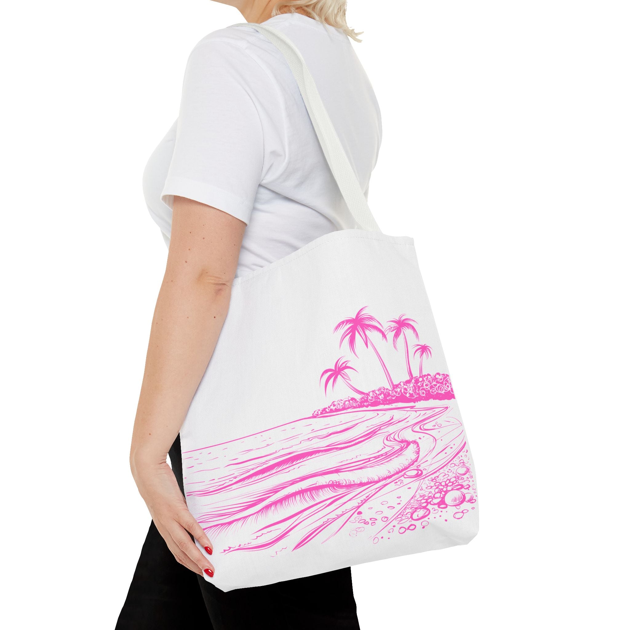 Pink Palm Beach Tote Bag — Tropical Beach Scene All-Over Print