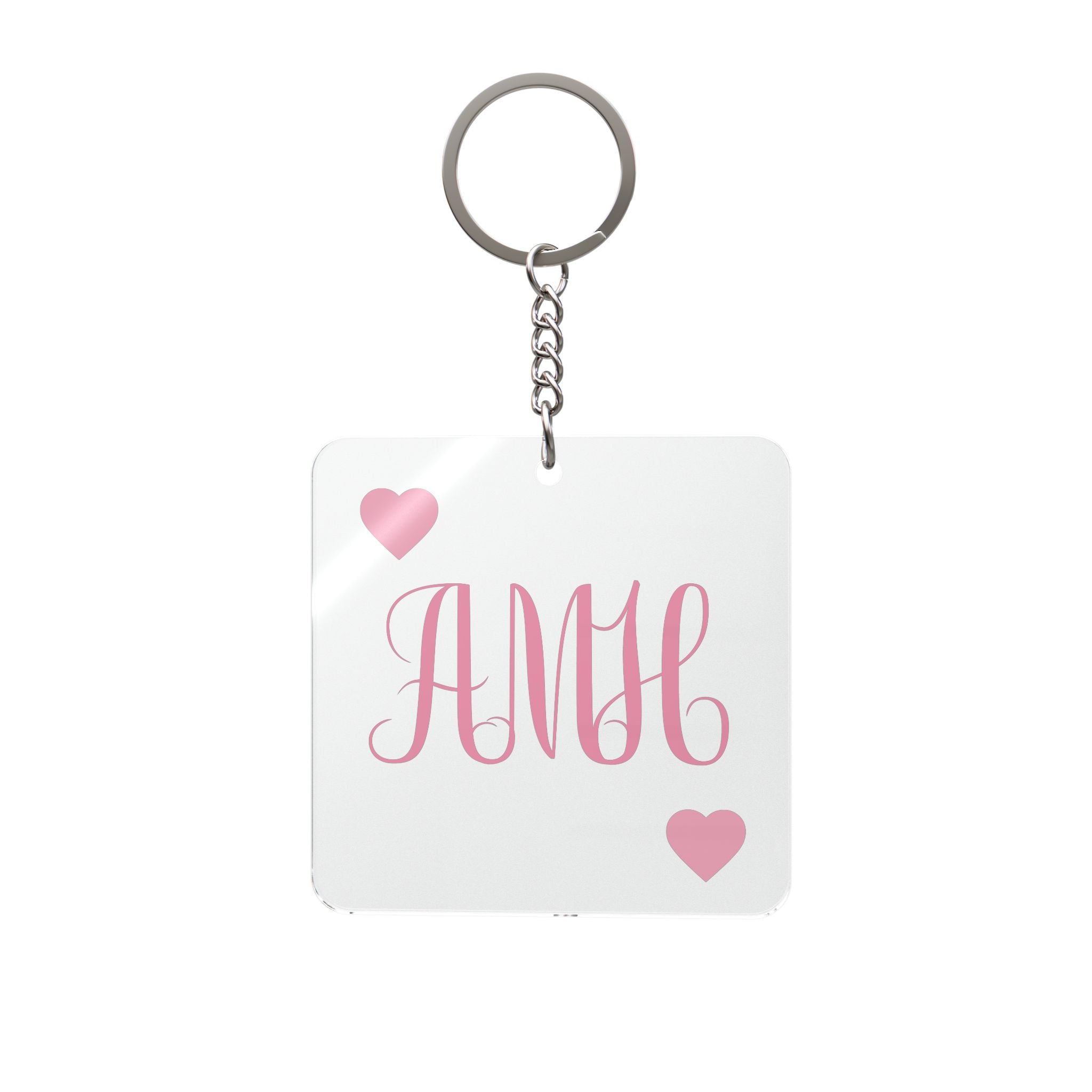 Personalized Square Keychain — Pink Script Monogram with Hearts