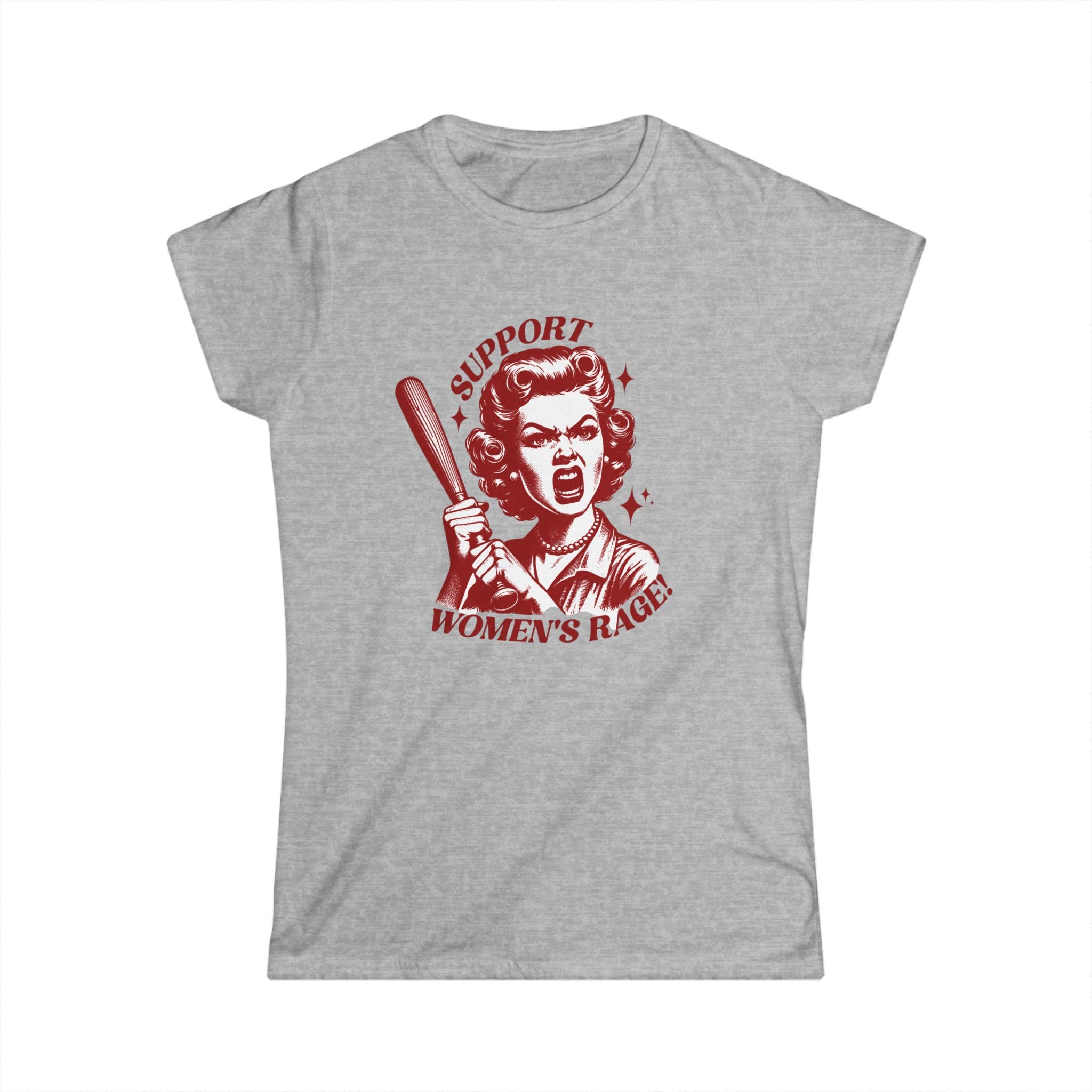 Support Women’s Rage Vintage Retro Feminist T-Shirt with Baseball Bat Graphic | Women’s Rage Shirt | Funny Feminist Tee | 1950s Housewife Angry Woman Graphic Tee | gray T shirt