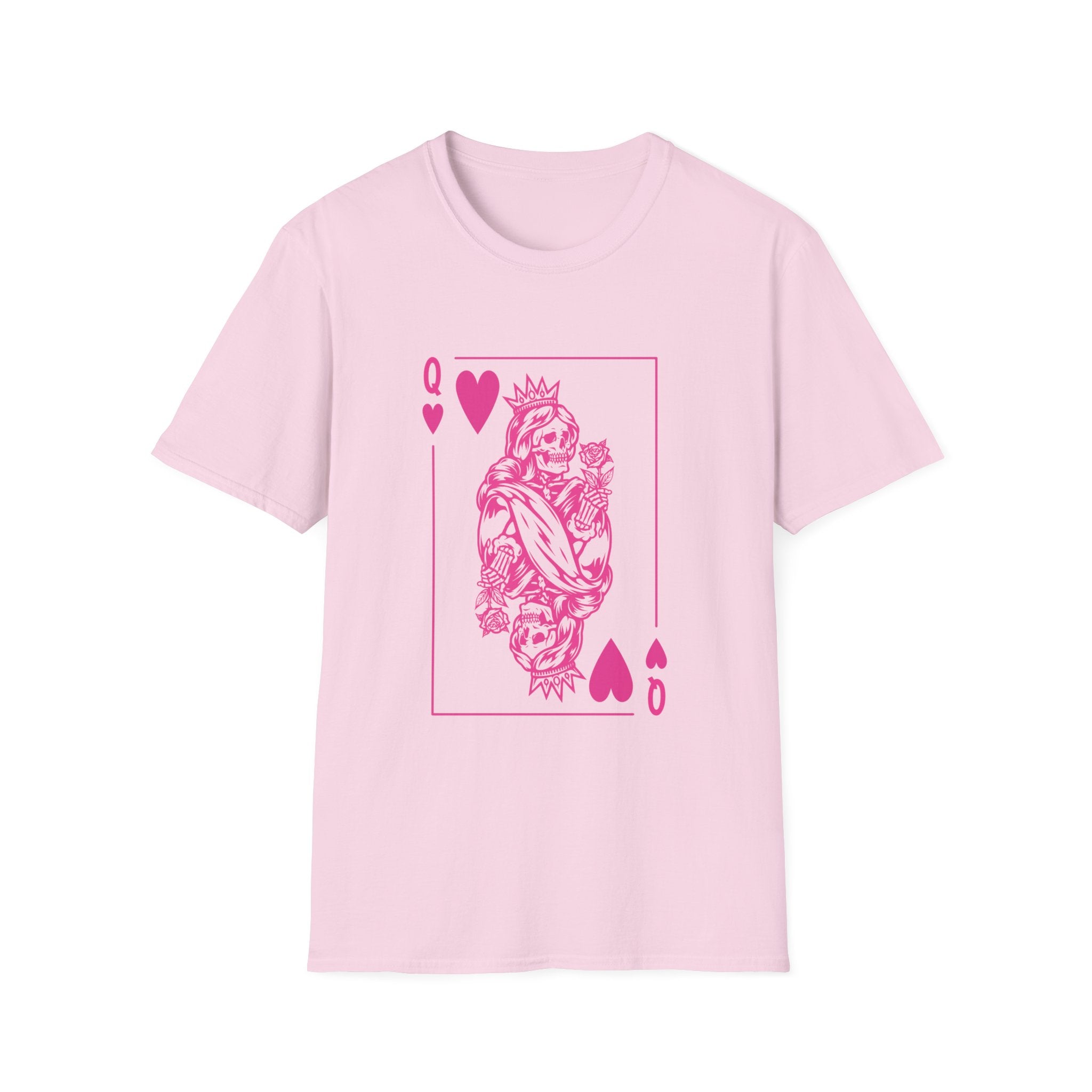Light pink graphic tee featuring a bold hot pink Queen of Hearts playing card design with a crowned skeleton queen, roses, and skulls. Edgy feminine shirt, skeleton queen tee, dark glam graphic shirt, witchy women’s gift, bold statement shirt for women
