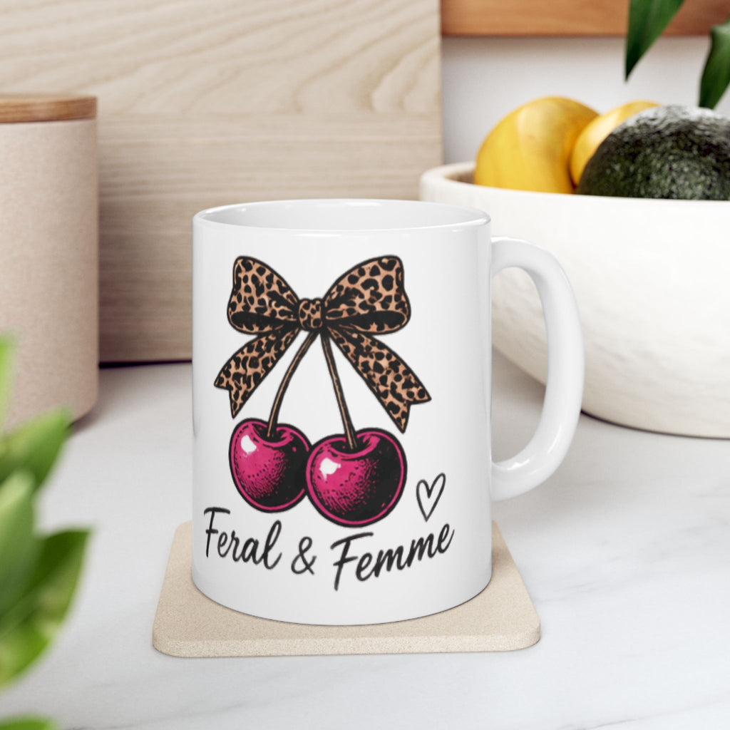 “Feral & Femme” Leopard Bow Cherry Mug | Feminist Coffee Mug