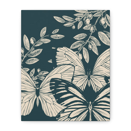 Butterfly Botanical Canvas Wall Art — Teal & Cream Stretched Matte Print