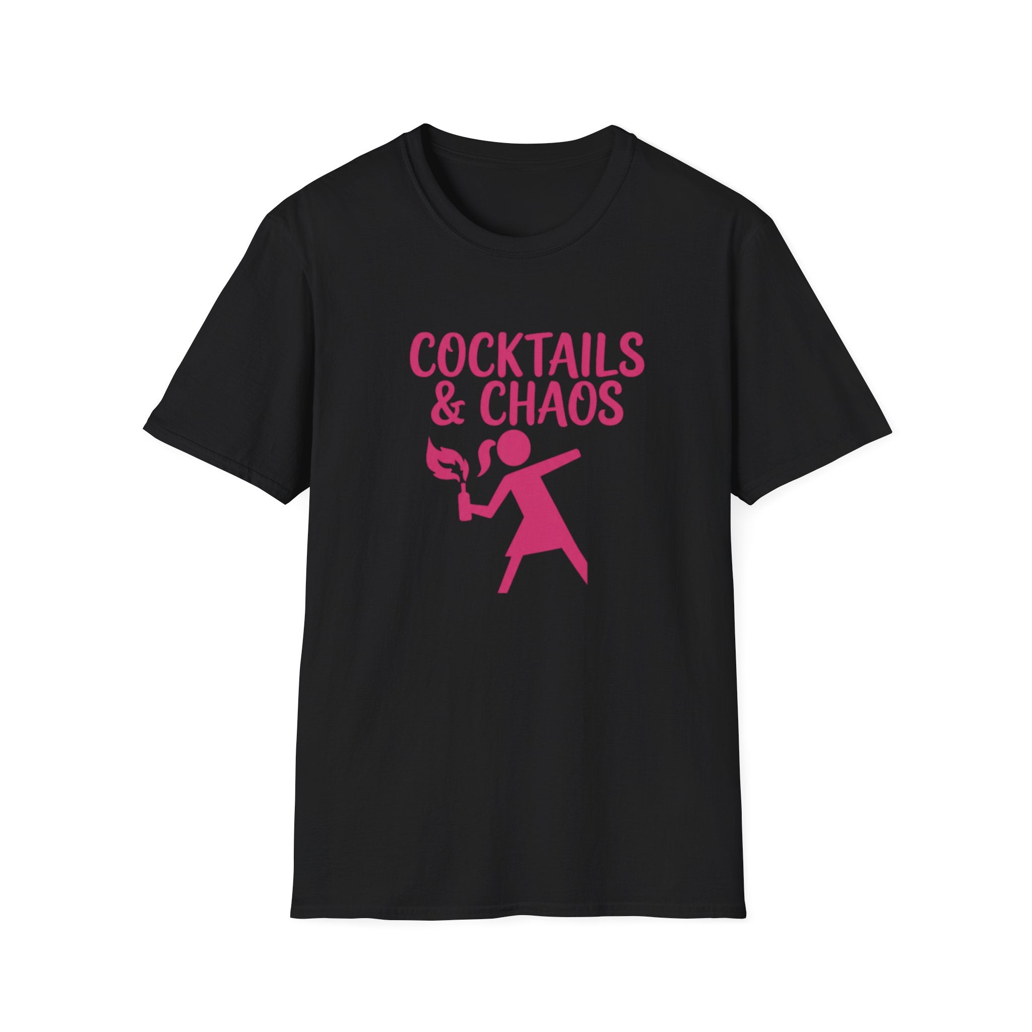 Cocktails & Chaos Graphic Tee | Funny Feminist Shirt | Women’s Black T-Shirt | Gift for Her | Chaos Energy Shirt | Hot Pink Graphic Tee