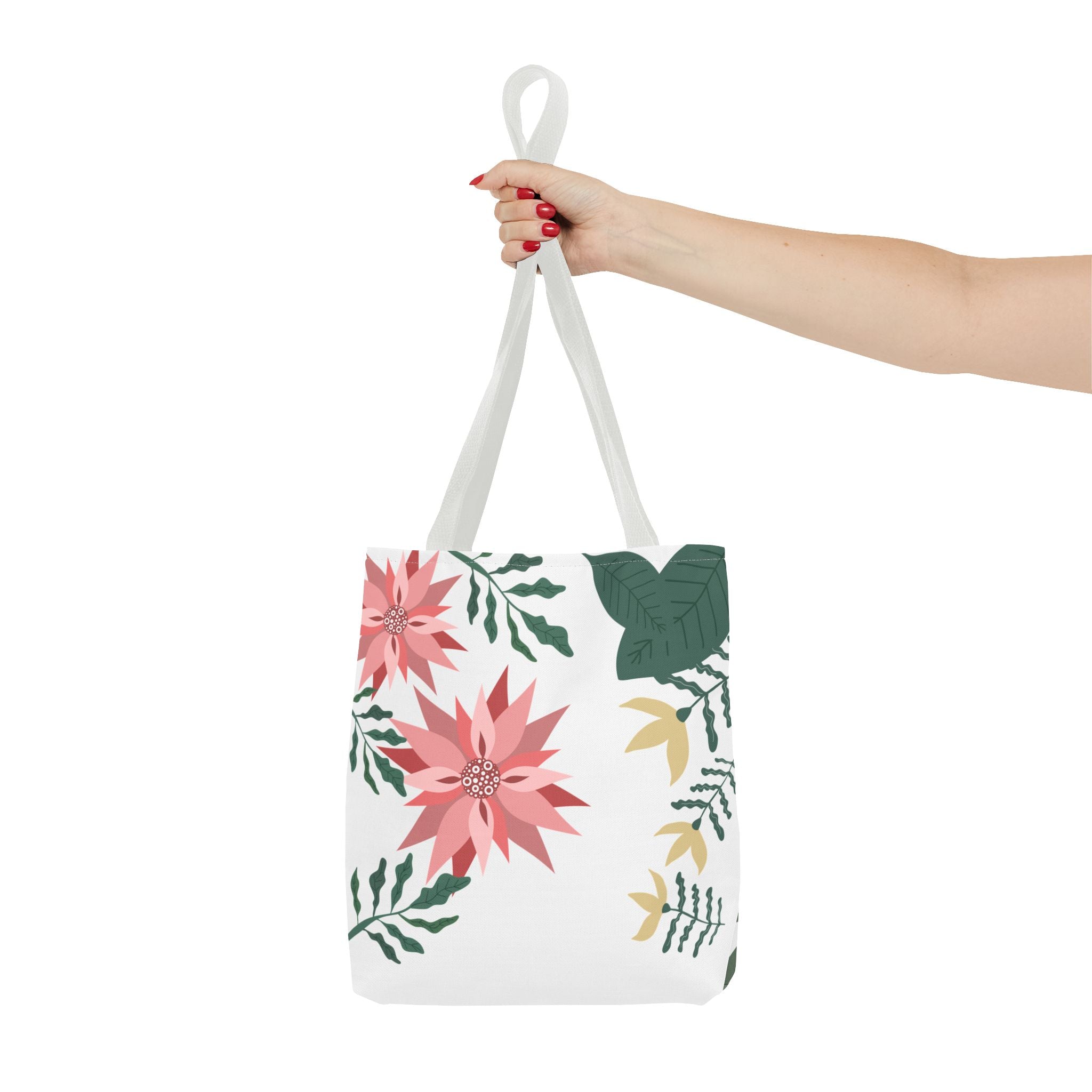 Floral Tote Bag – Pink Poinsettia & Green Foliage All-Over Print