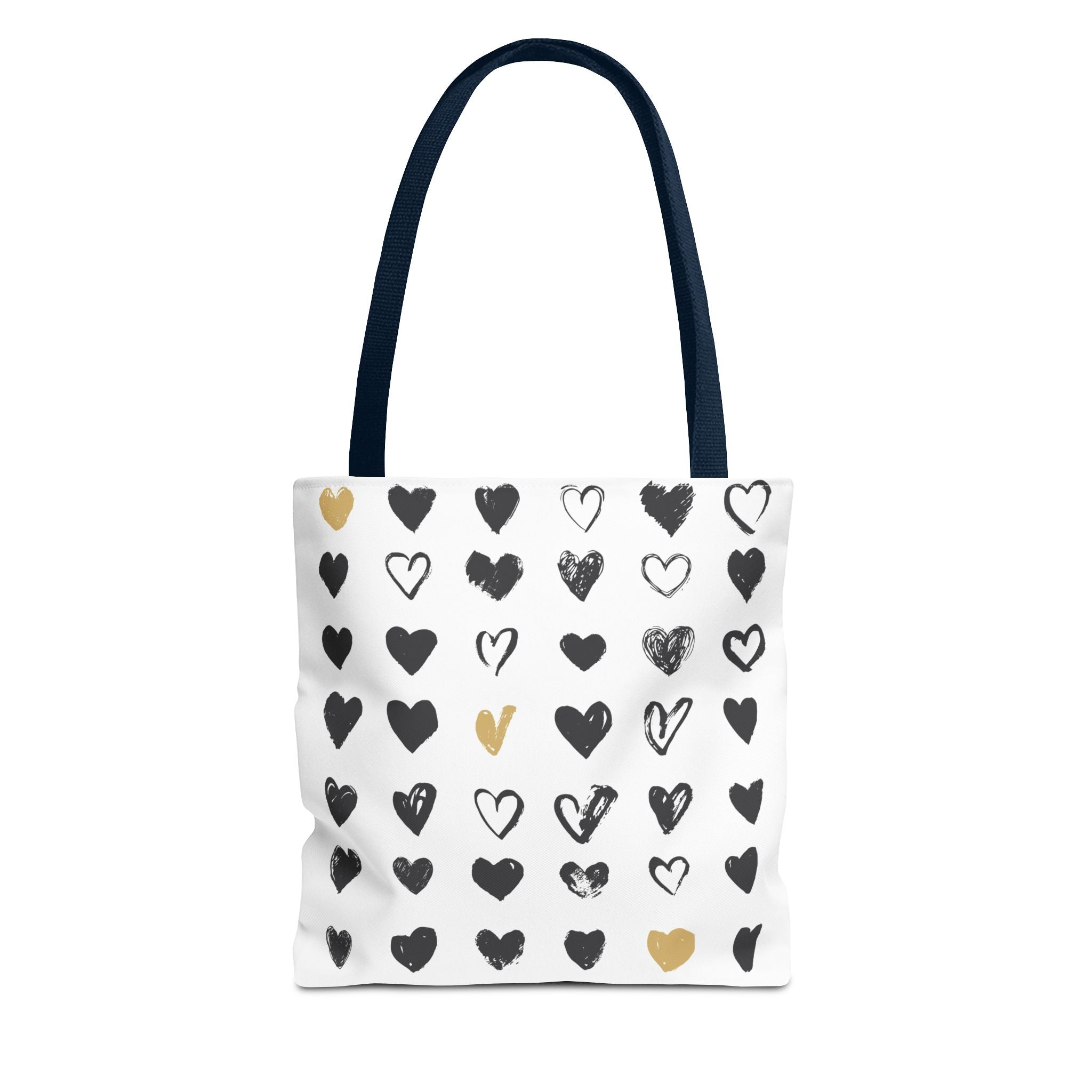 Heart Pattern Tote Bag — Black & Gold Hand-Drawn Hearts All-Over Print