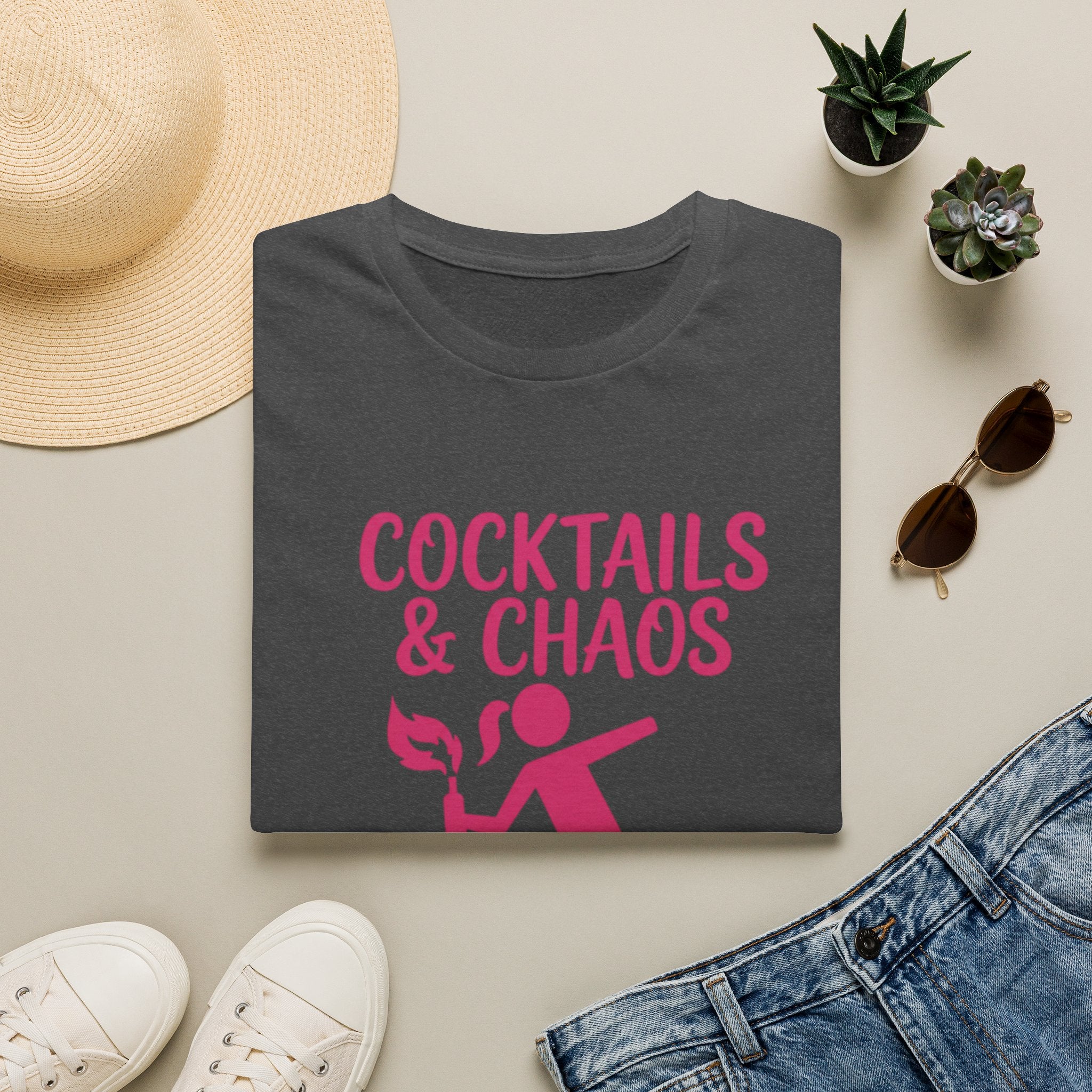 Cocktails & Chaos Graphic Tee | Funny Feminist Shirt | Women’s Black T-Shirt | Gift for Her | Chaos Energy Shirt | Hot Pink Graphic Tee
